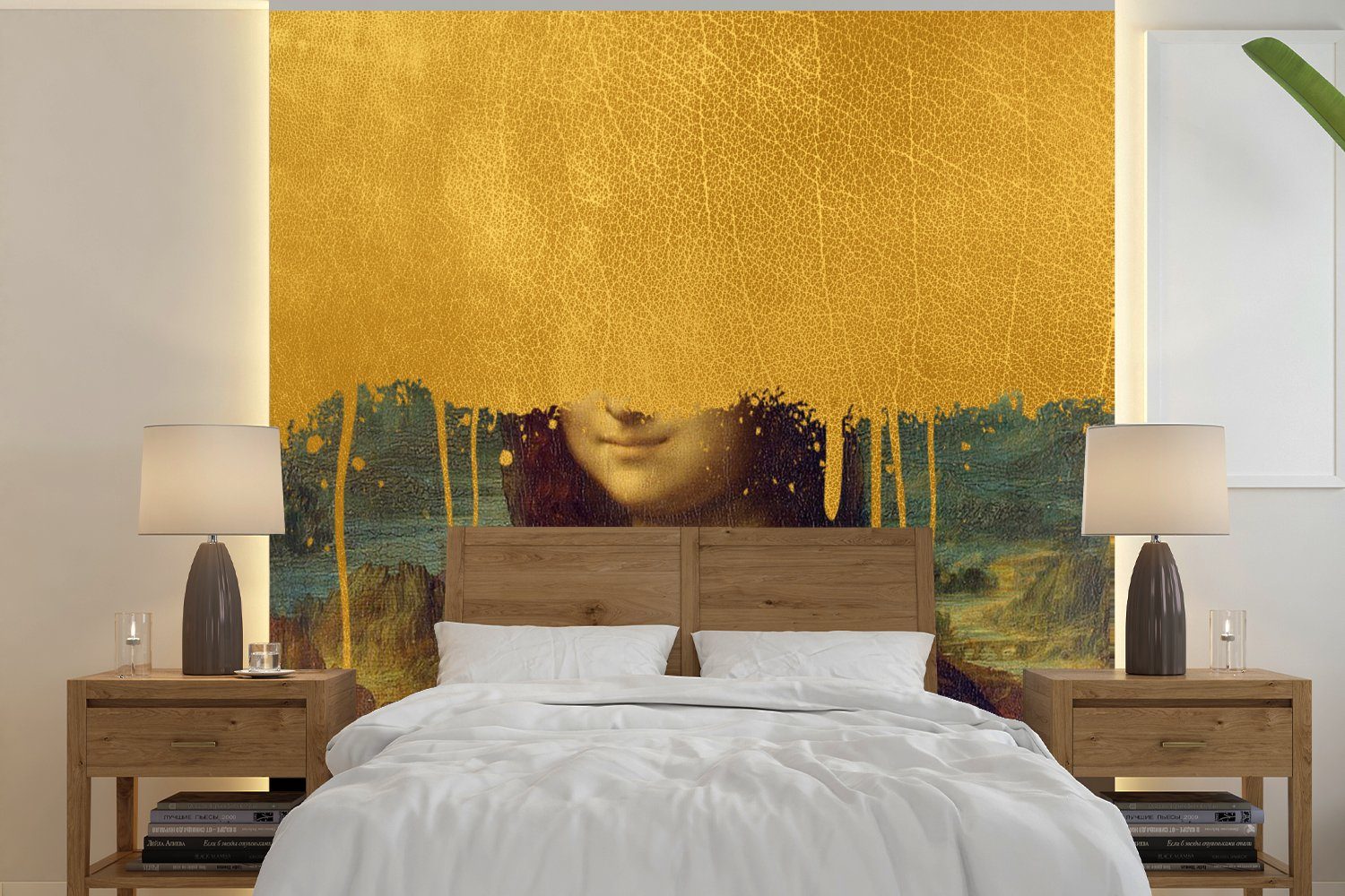 MuchoWow Fototapete Mona Lisa - Gold - Da Vinci, Matt, bedruckt, (4 St), Vliestapete für Wohnzimmer Schlafzimmer Küche, Fototapete