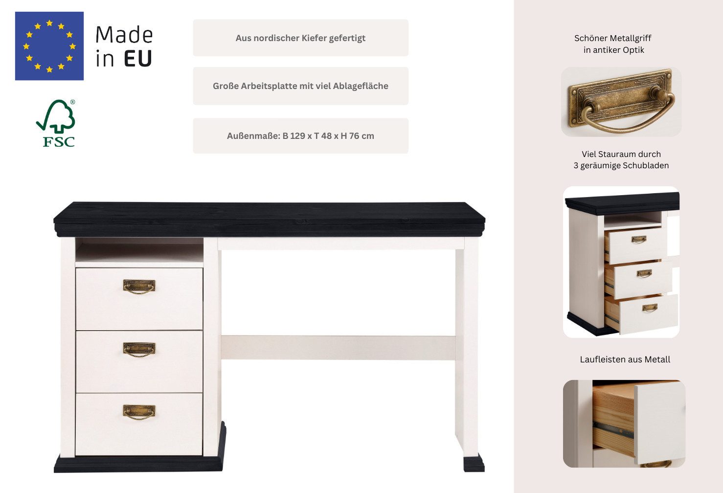 OTTO home Schreibtisch Konrad, aus zertifiziertem Massivholz, mit Schubladen, Breite 129 cm