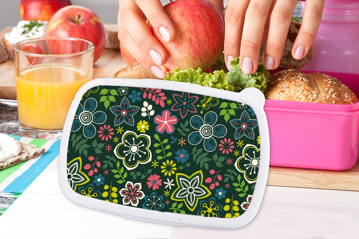 Erwachsene, MuchoWow für - Kinder, - Lunchbox Blumen, rosa Brotdose Snackbox, (2-tlg), Kunststoff, Blätter Mädchen, Muster Kunststoff Brotbox
