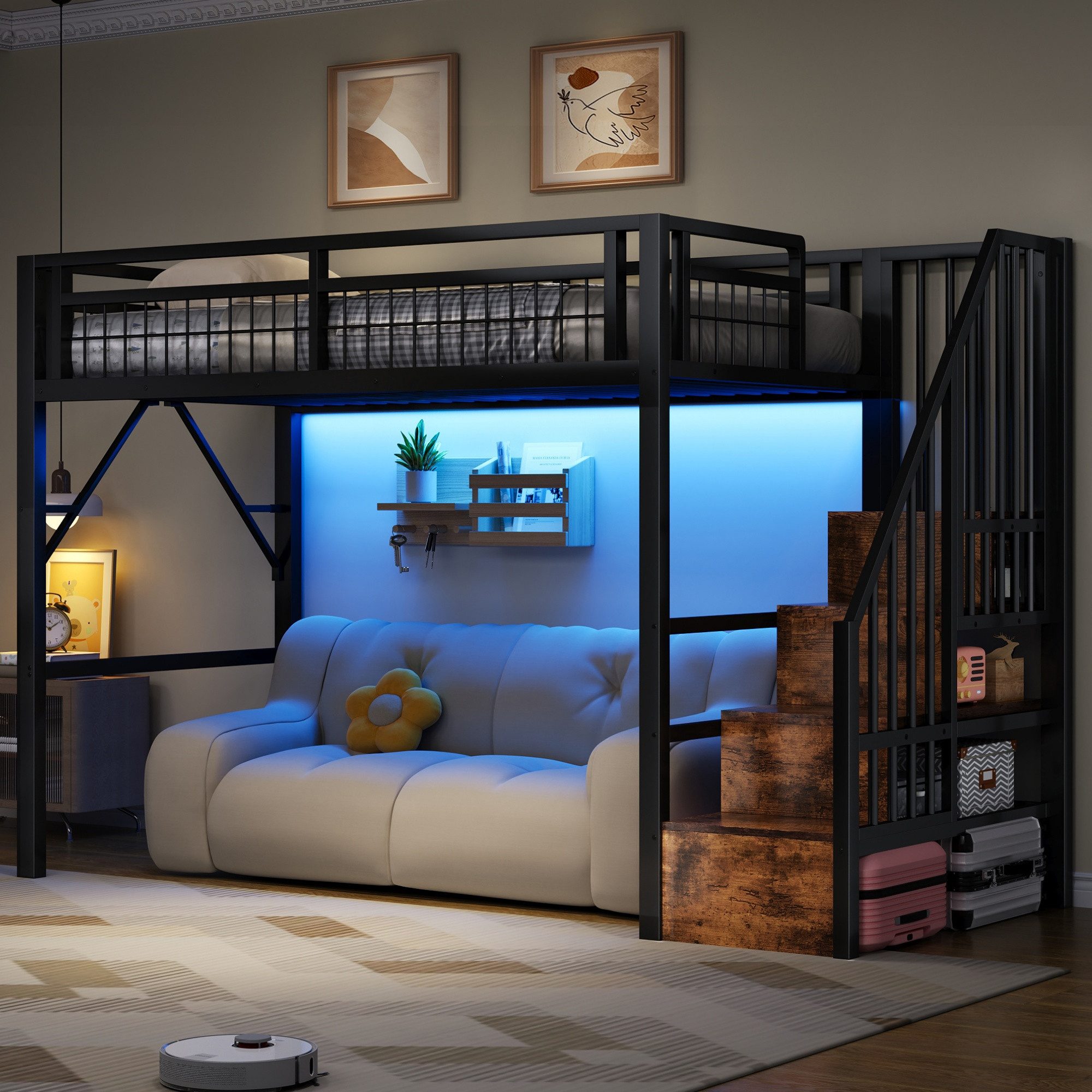 REDOM Hochbett Jugendbett mit Eisenrahmen, LED-Lichtleiste (Stauraumtreppe und freiem Raum zum Verkleiden, Metallbett, 90 x 200 cm) Inklusive Matratze