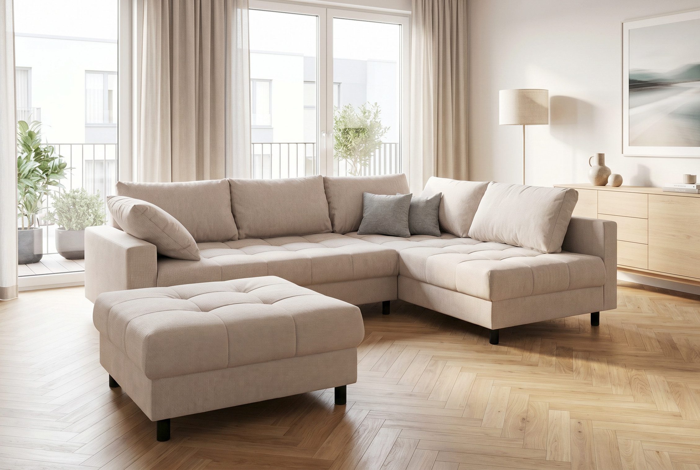 COLLECTION AB Ecksofa Toni XL L-Form 274 cm Set inkl. Hocker, Set: Sofa & Hocker, 2 Zierkissen, Bonell-Federkern