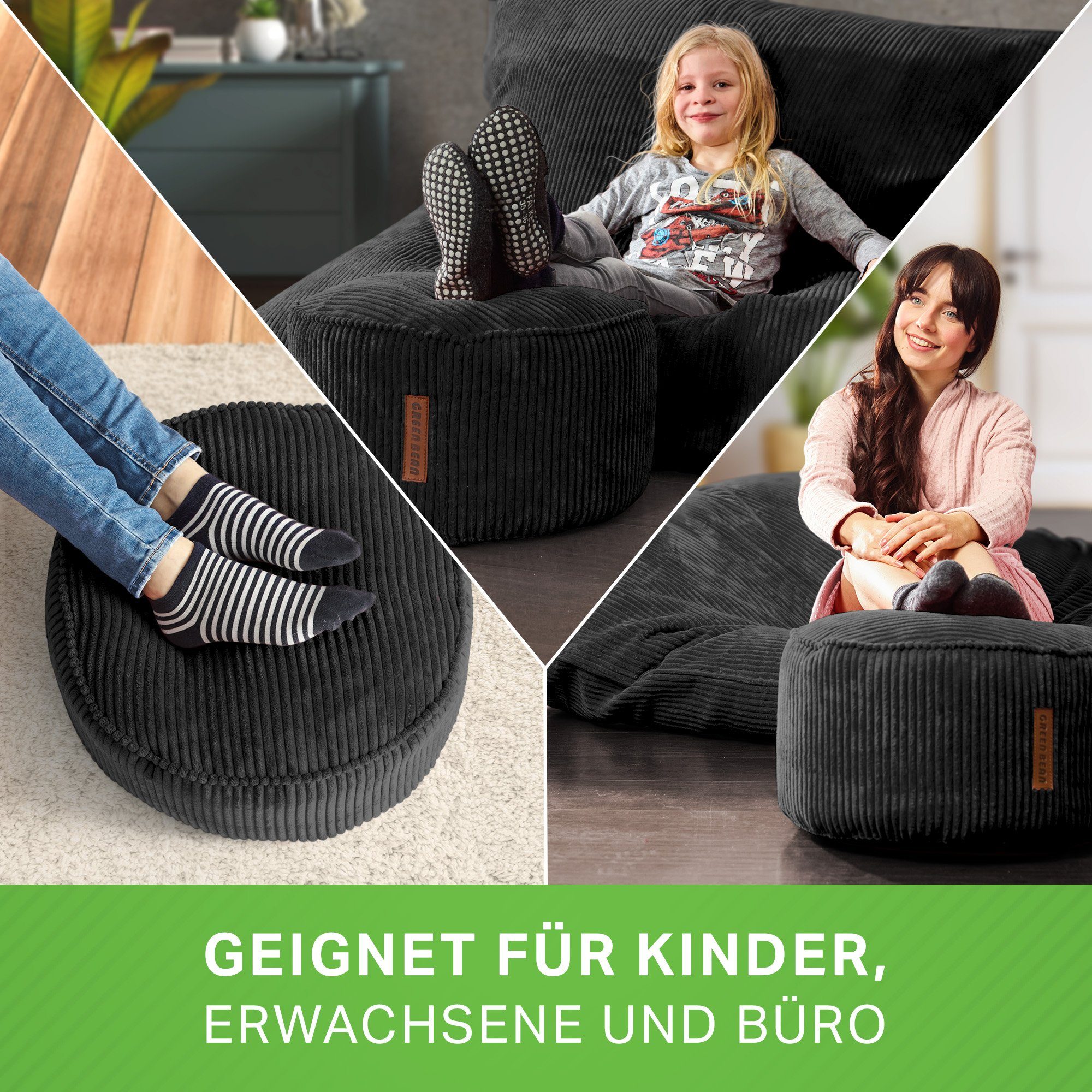 Sitzkissen Sitzhocker Bean 45 Relax-Sessel 25 Pouf cm, Cord Green Pouf Sitzhocker Indoor Schwarz x