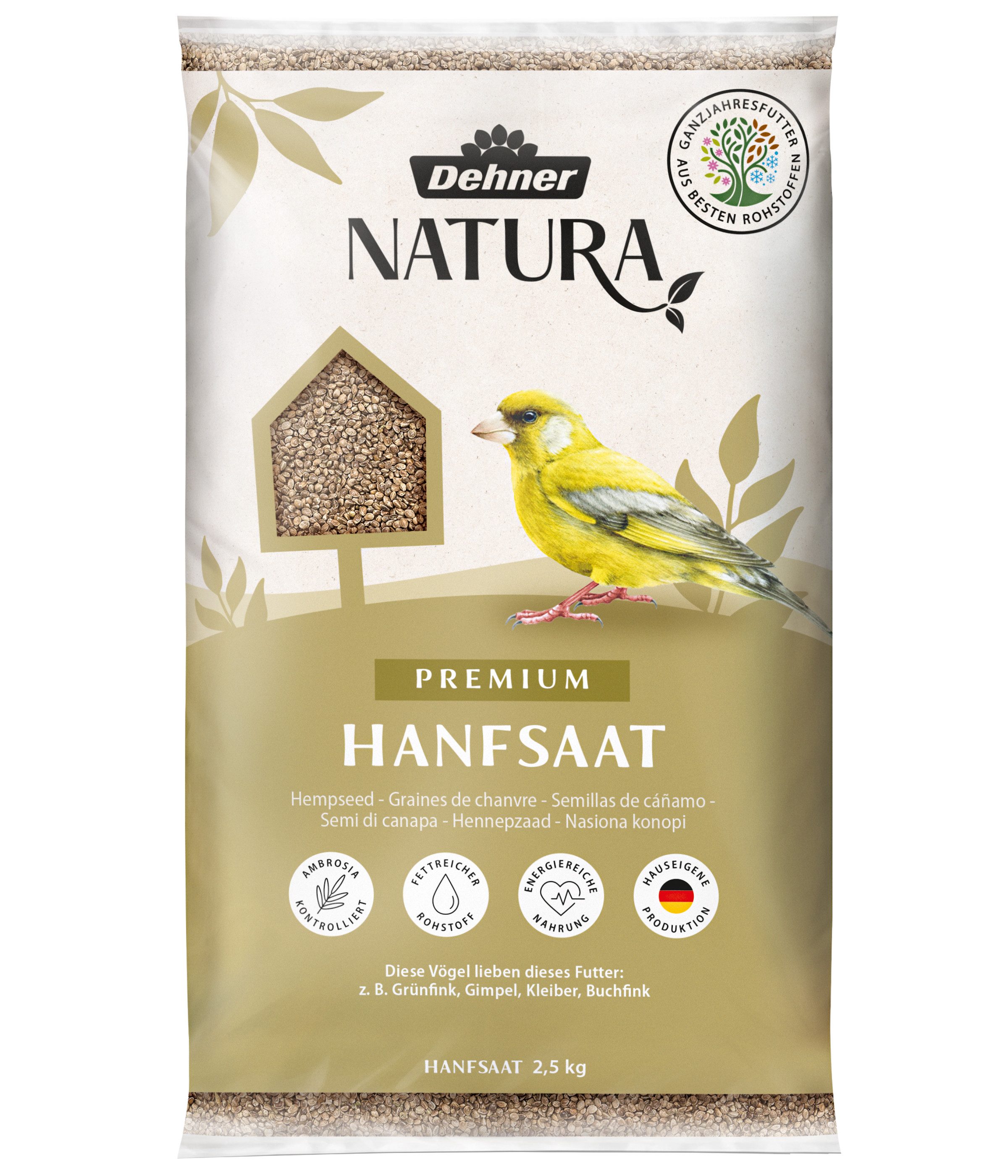 Dehner Natura Premium Hanfsaat, Wildvogelfutter, 2.5 kg, Hauptfutter für: Gartenvögel, Wildvogel, hochwertiges Futter, für Grünfink, Kleiber, Buchfink, Gimpel