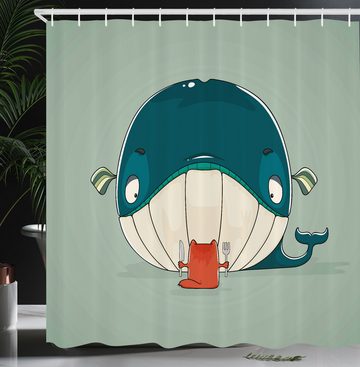 Abakuhaus Duschvorhang Moderner Digitaldruck mit 12 Haken auf Stoff Wasser Resistent Breite 175 cm, Höhe 180 cm, Walfisch Kätzchen Essen Große Fische