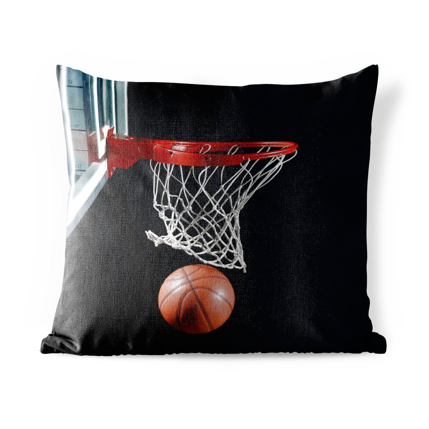 MuchoWow Dekokissen Ein Basketball neben dem Korb auf schwarzem Hintergrund, Kissenbezüge, Kissenhülle, Dekokissen, Dekokissenbezug, Outdoor