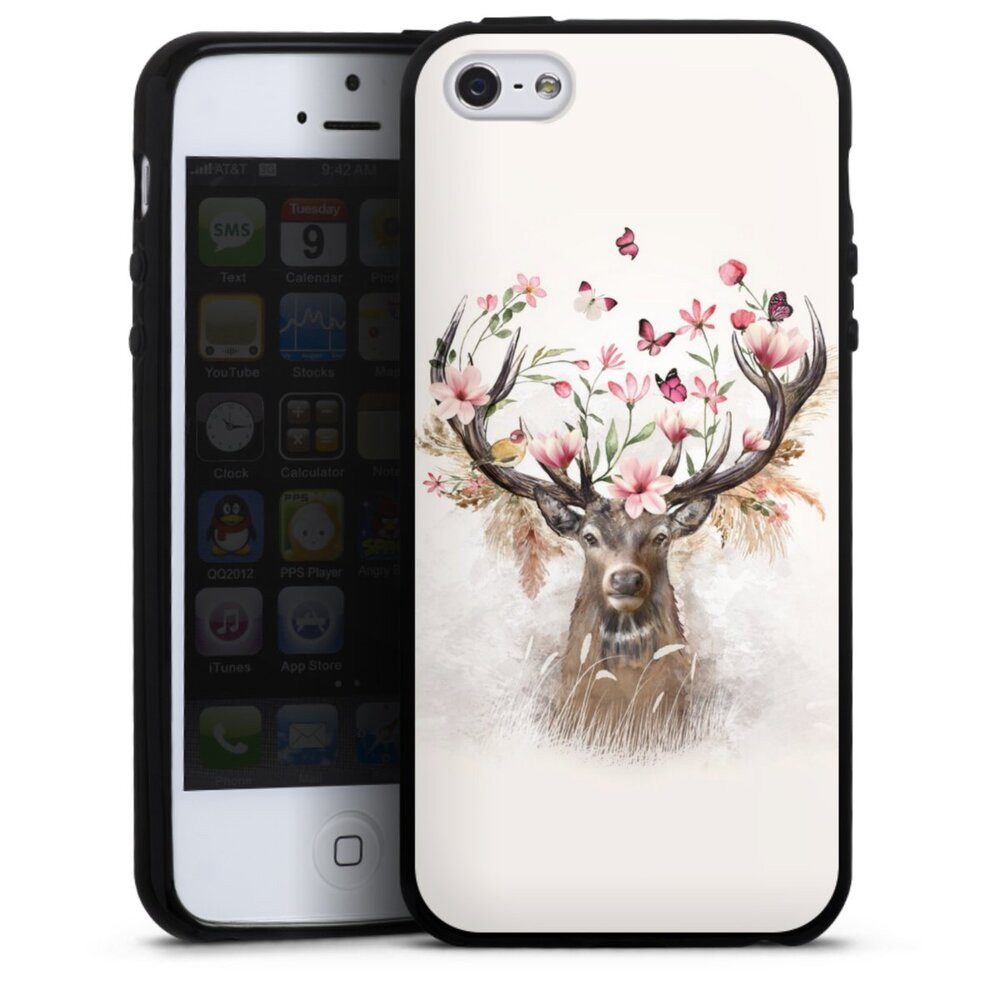 DeinDesign Handyhülle Hirsch Tiere Blumen Hirsch Blumen Geweih, Apple iPhone 5 Silikon Hülle Bumper Case Handy Schutzhülle