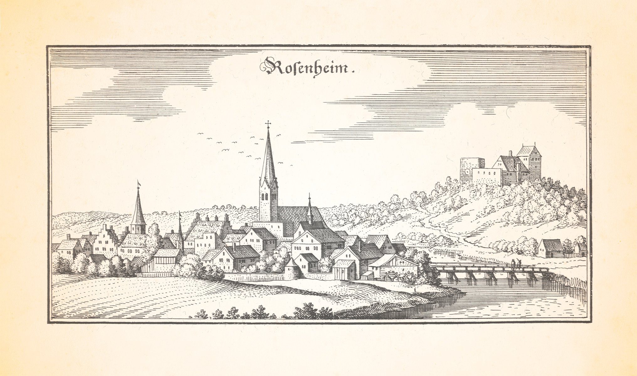 Kunstdruck Rosenheim Inn Mangfall Inntal Burg Schlossberg Innbrücke Kupferstich M