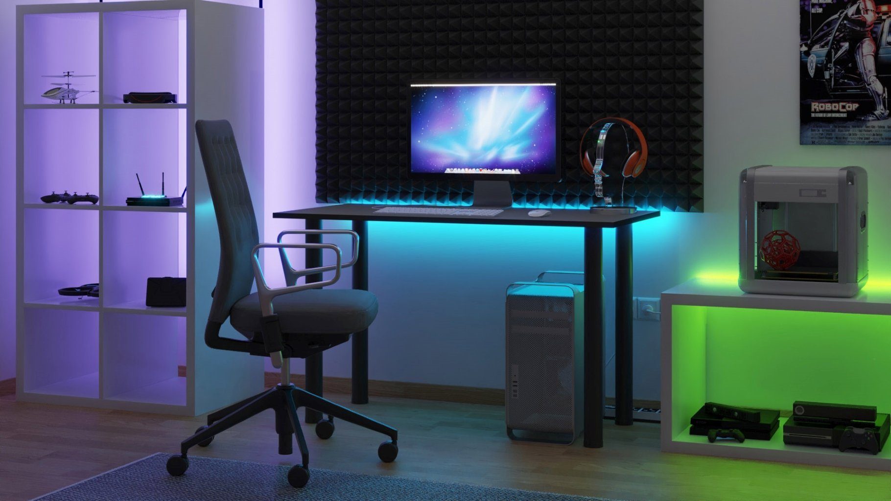 Schreibtisch MÖBELSYSTEM Gamingtisch LED Beleuchtung grau mit Gaming