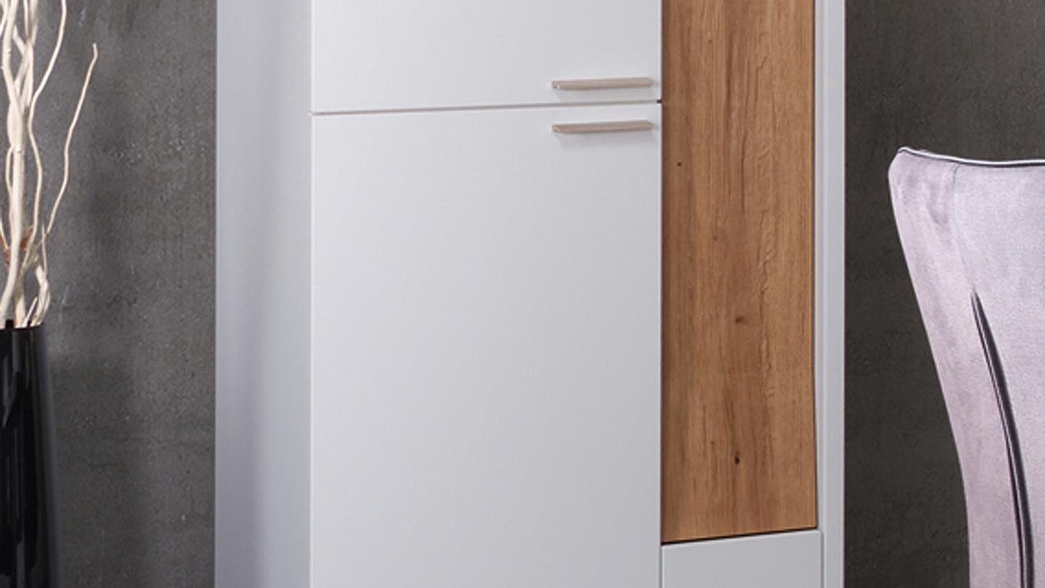 Möbel Akut Highboard Highboard OSLO weiß matt lackiert Designblende Asteiche Massivholz