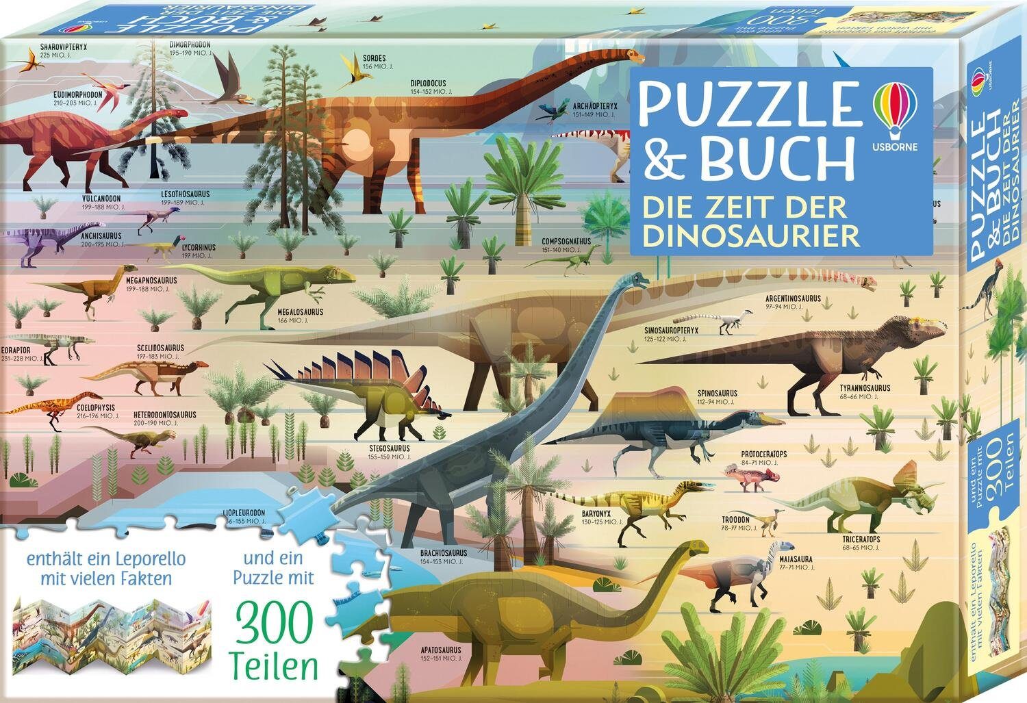 Usborne Verlag Puzzle Puzzle & Buch: Die Zeit der Dinosaurier, 300 Puzzleteile
