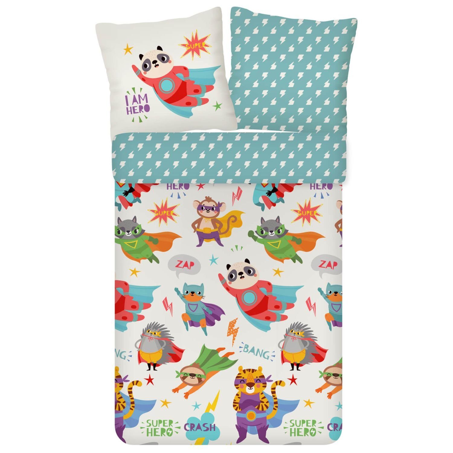 ESPiCO Kinderbettwäsche Superhelden Trendy Bedding, Renforcé, 2 teilig, Blitze, Superkräfte, Panda, Affe