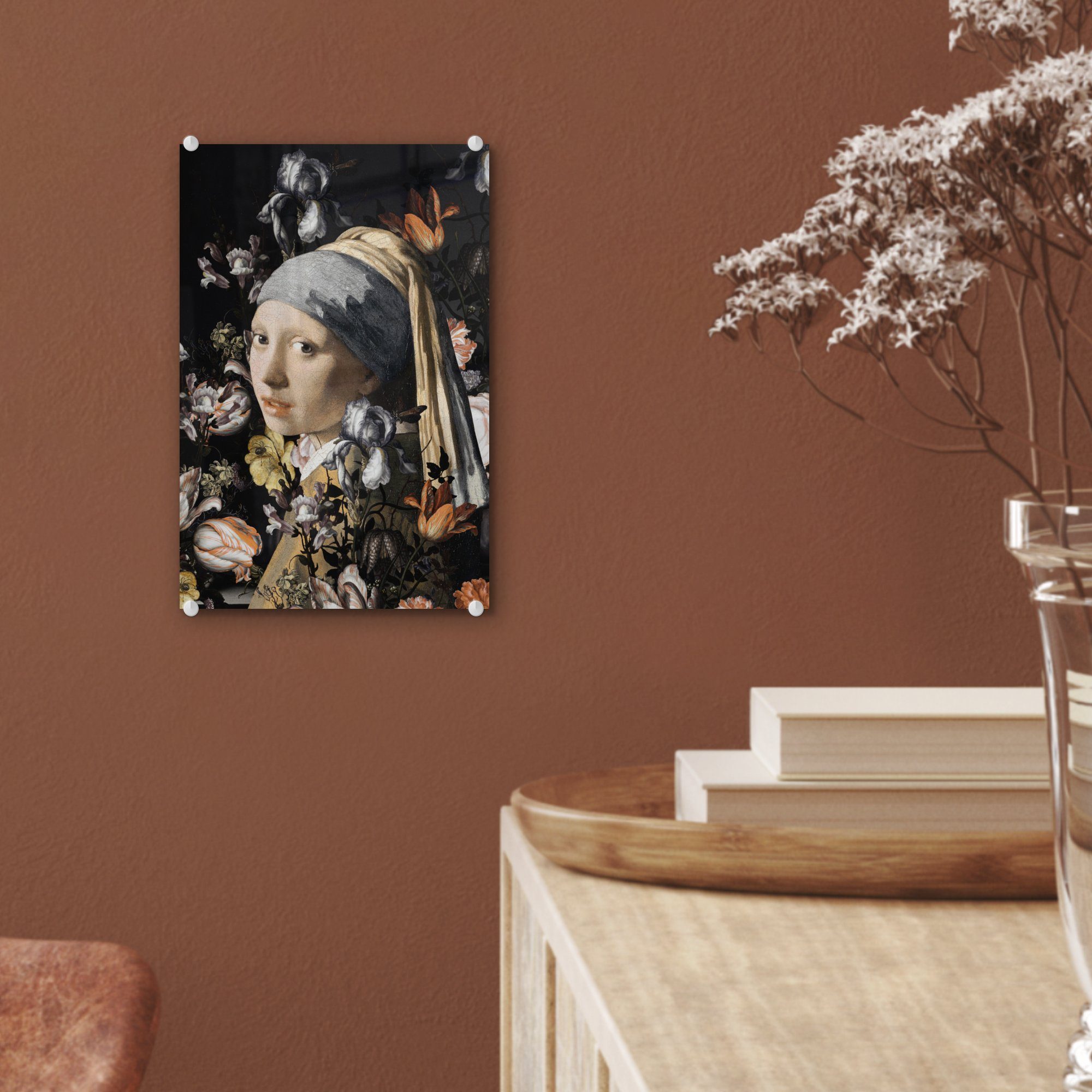 MuchoWow Acrylglasbild Das Mädchen mit St), - - (1 - Foto Wandbild Perlenohrring auf Bilder - bunt Vermeer Blumen, - auf dem Wanddekoration Glasbilder Glas Glas Johannes