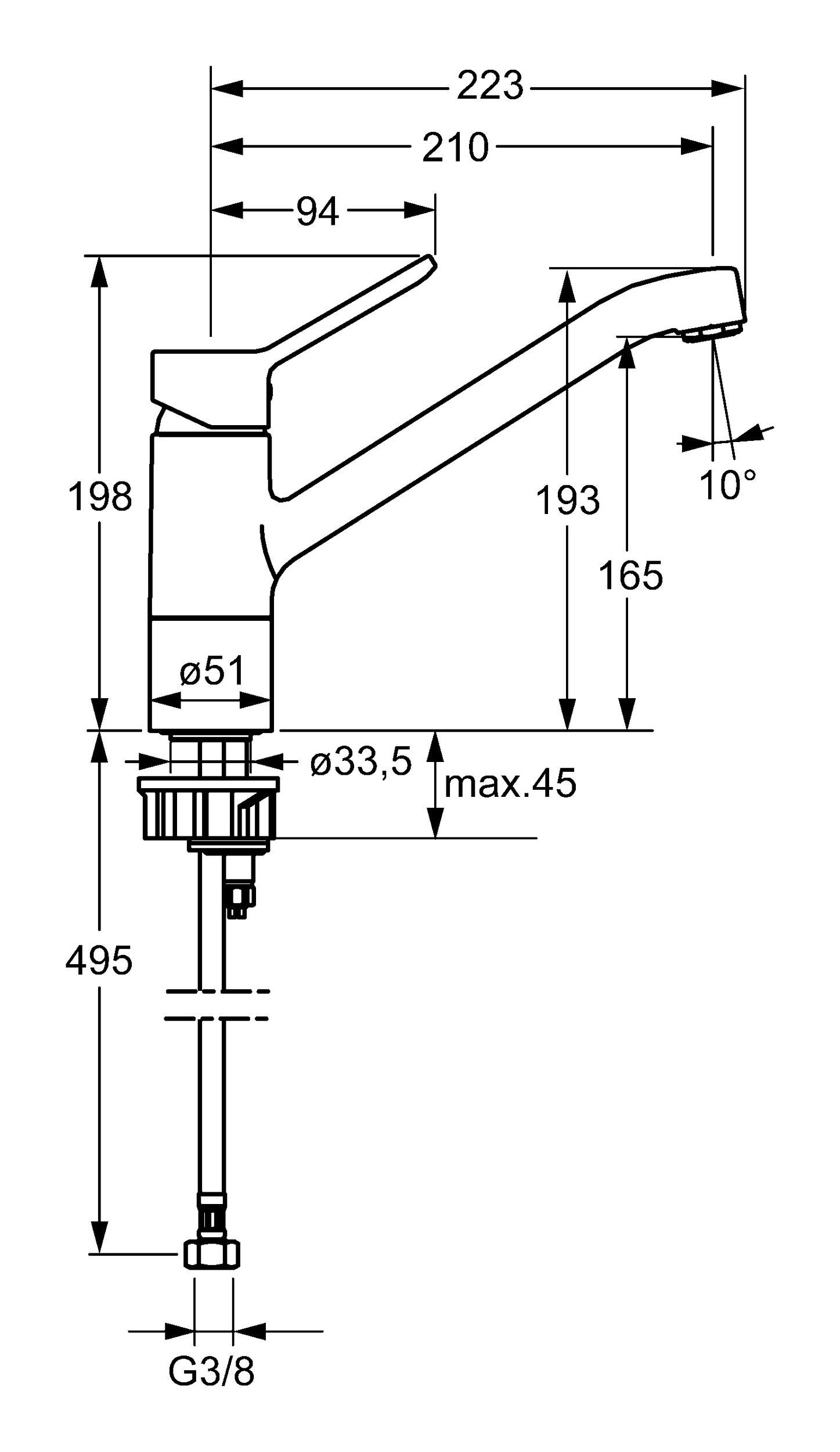 210 mm HANSA Ausladung Küchenarmatur Hansaprimo Spültisch-Einhand-Einlochbatterie