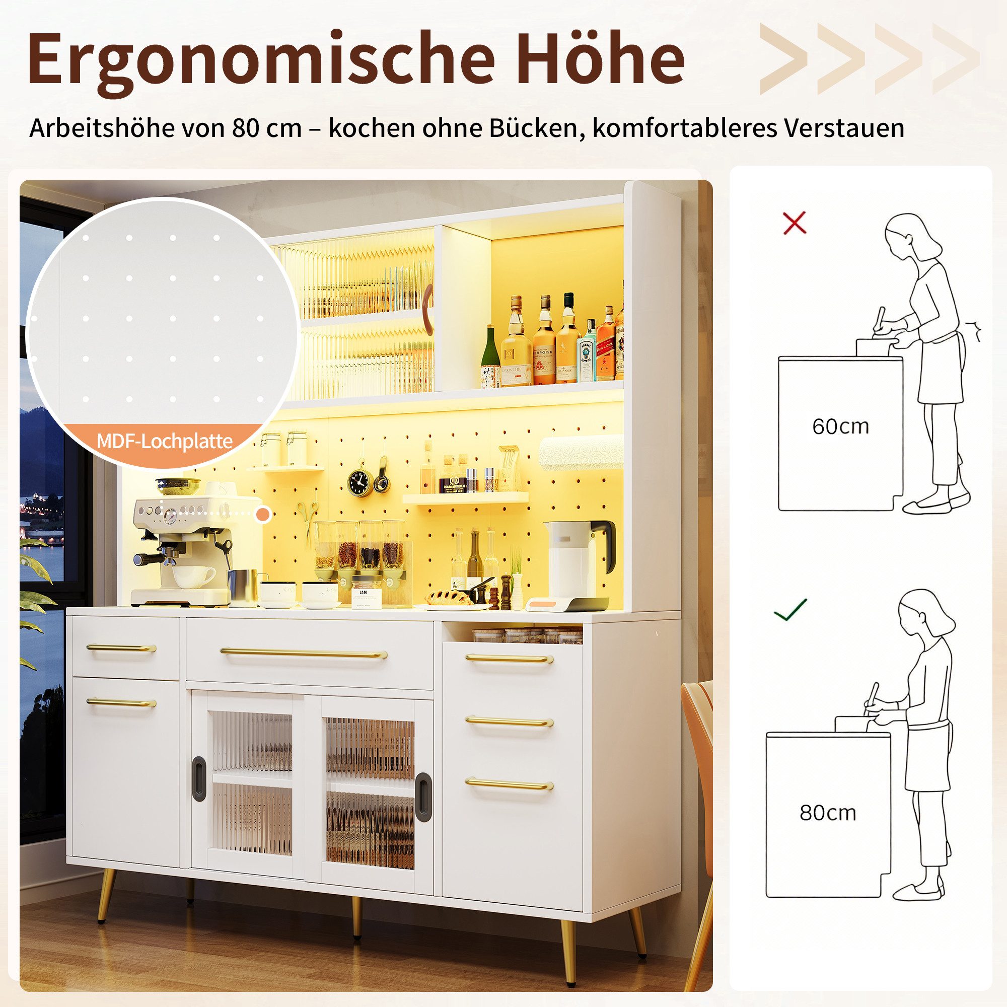 Celya Sideboard mit LED, Glastür und Schublade (Ergonomische Arbeitsflächenhöhe, Ausgestattet mit MDF-Lochwand und verstellbaren Regalböden), für Küche und Wohnzimmer