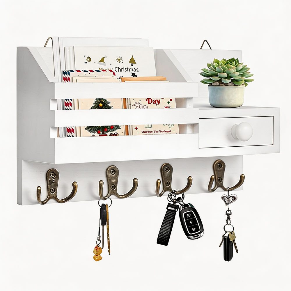 AFKSMILE Schlüsselbrett Schlüsselregal mit Ablage, Schlüsselbrett Holz mit 4 Doppelhaken, (1 St), Multifunktionales Schlüsselhalter für Eingangsbereich Flur Wohnzimmer