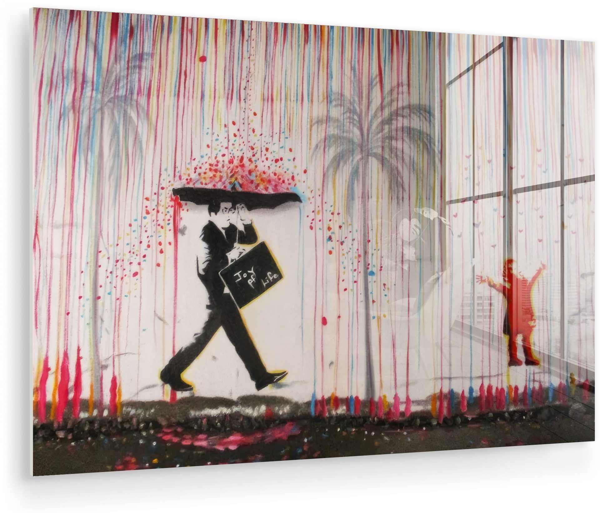 MuchoWow Acrylglasbild Regen - Graffiti - Mann - Banksy-Stil, Inkl. Aufhängung, Glasbilder Wohnzimmer, Schlafzimmer, Flur & Esszimmer, 30x20 cm
