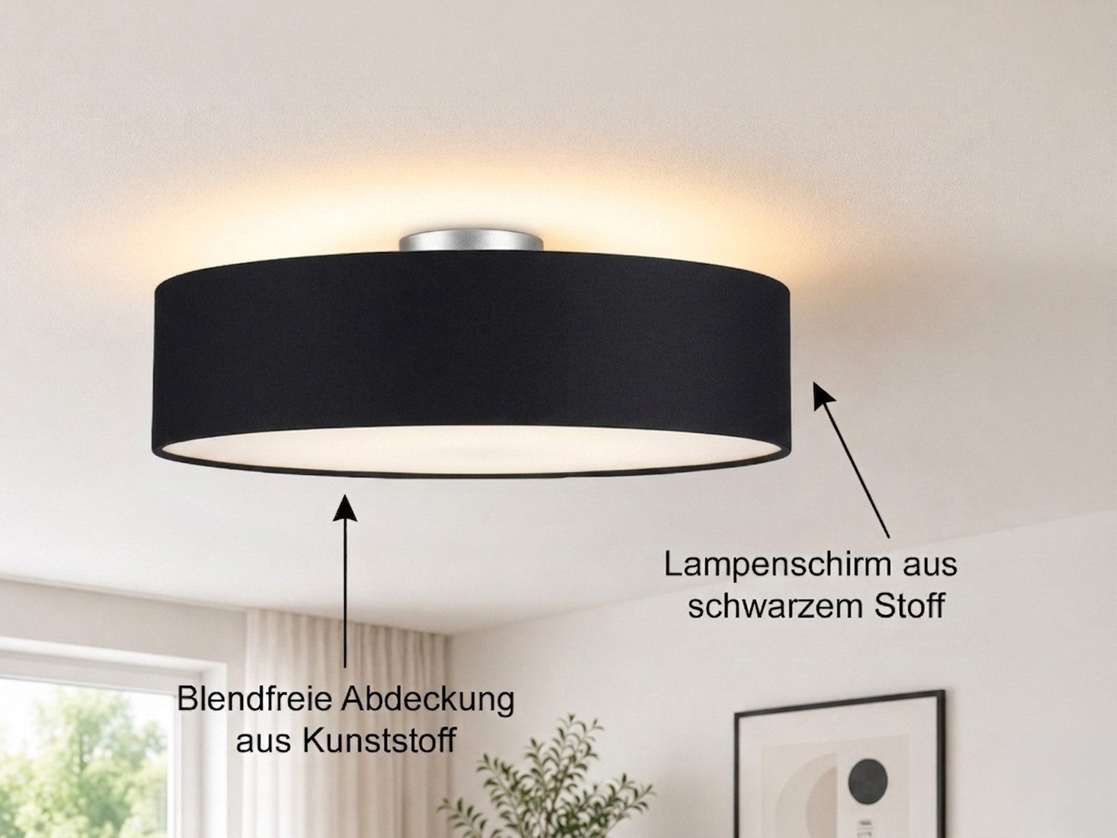 meineWunschleuchte Deckenleuchte mit Stoff Lampenschirm Schwarz Ø 50cm, ohne Leuchtmittel, große Stoff-Lampe, gemütliche Deckenlampe, E14 Schlafzimmerlampe