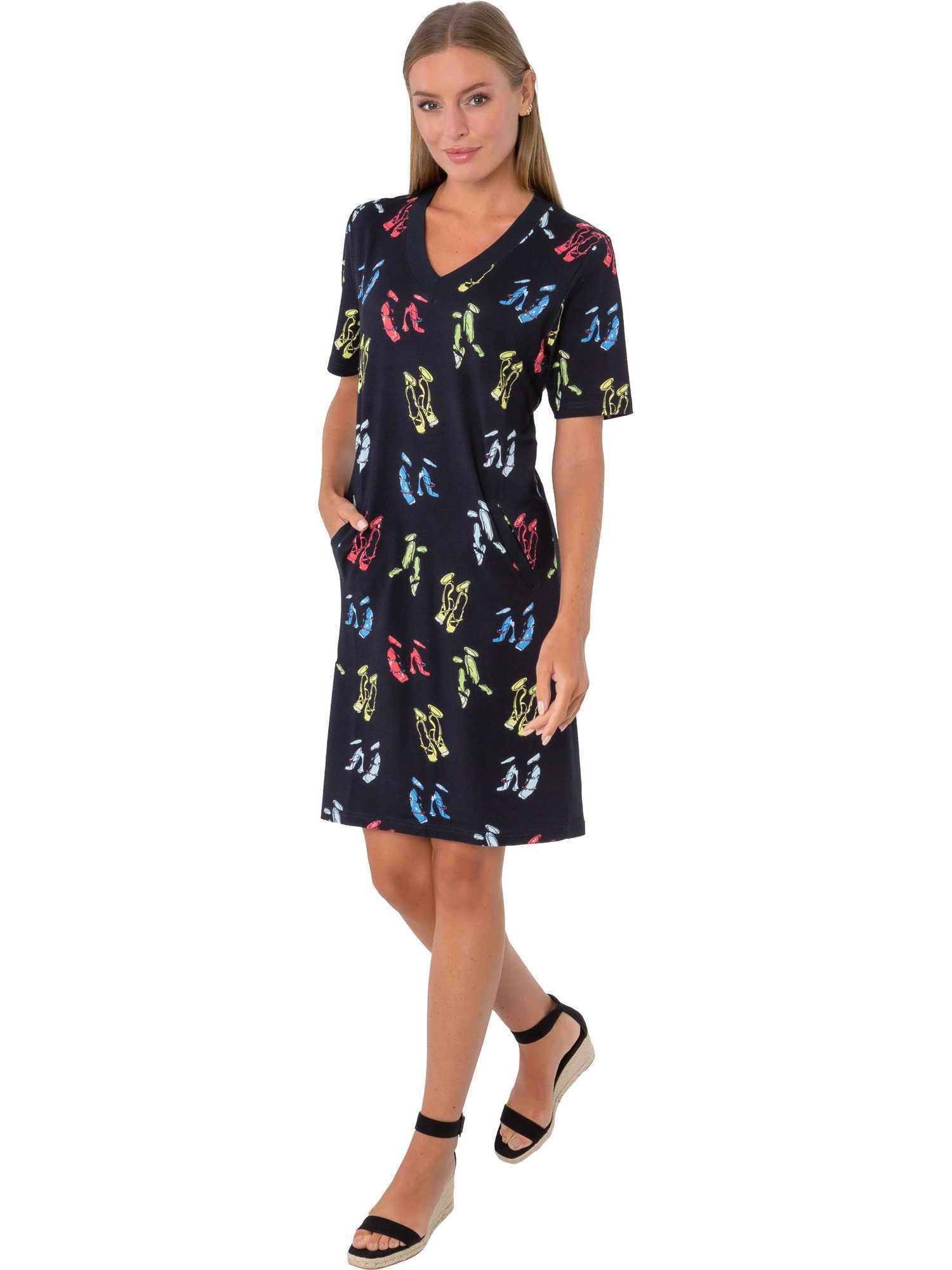 Estefania for woman Midikleid 195-5216, mit V-Ausschnitt und Eingrifftaschen seitliche Galonstreifen