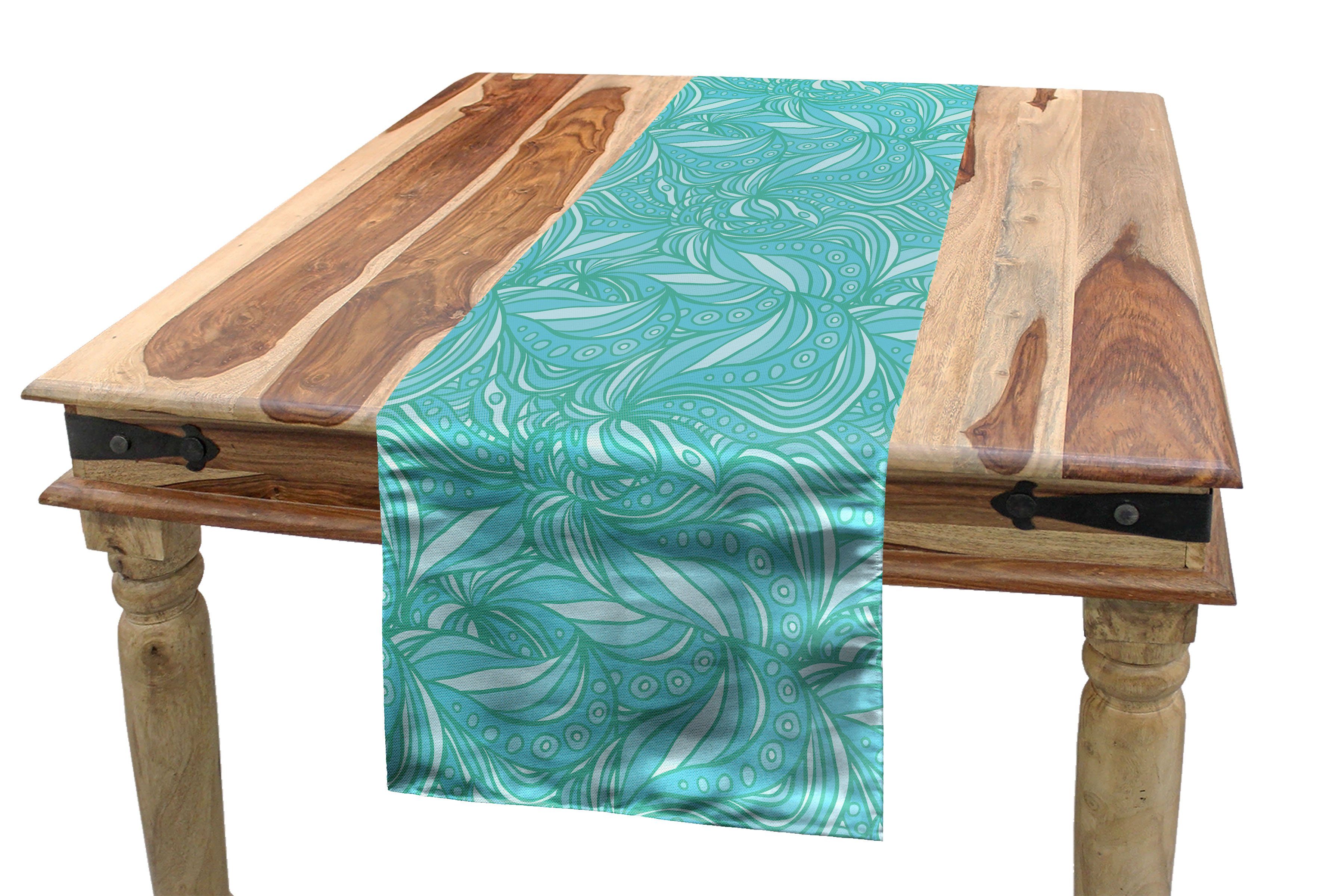 Abakuhaus Tischläufer Küche Rechteckiger Waves Doodle Tischläufer, Dekorativer Ocean Blätter- Esszimmer Stil Blau