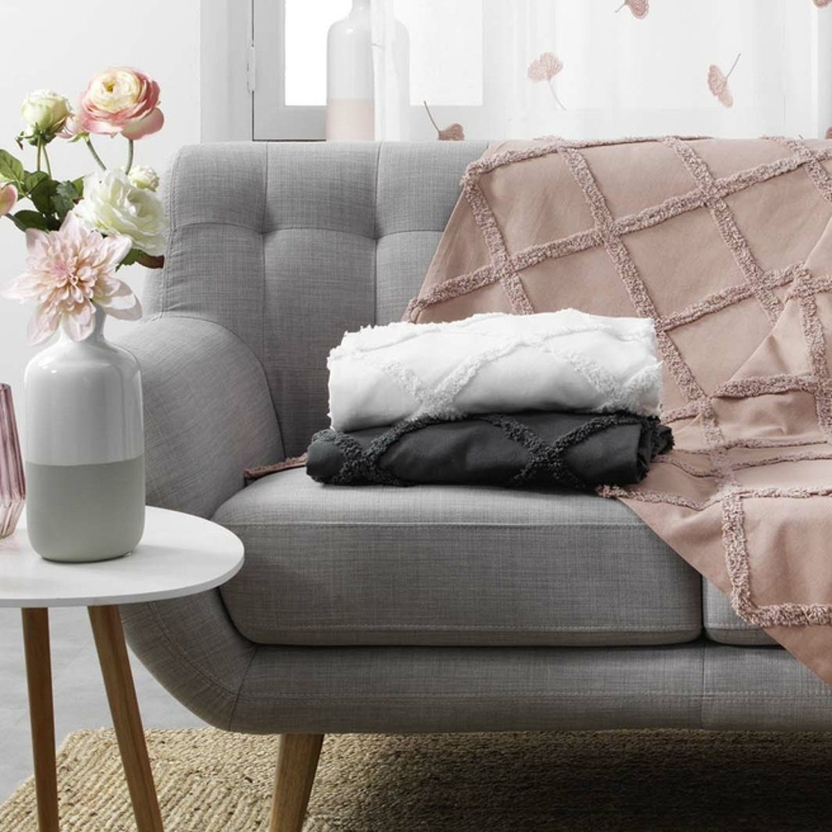 Plaid Baumwolldecke Anthrazit 150 x 125 cm Wohndecke 100% Baumwolle Fransen, Macosa Home, Fransen-Decke Sofadecke Modern