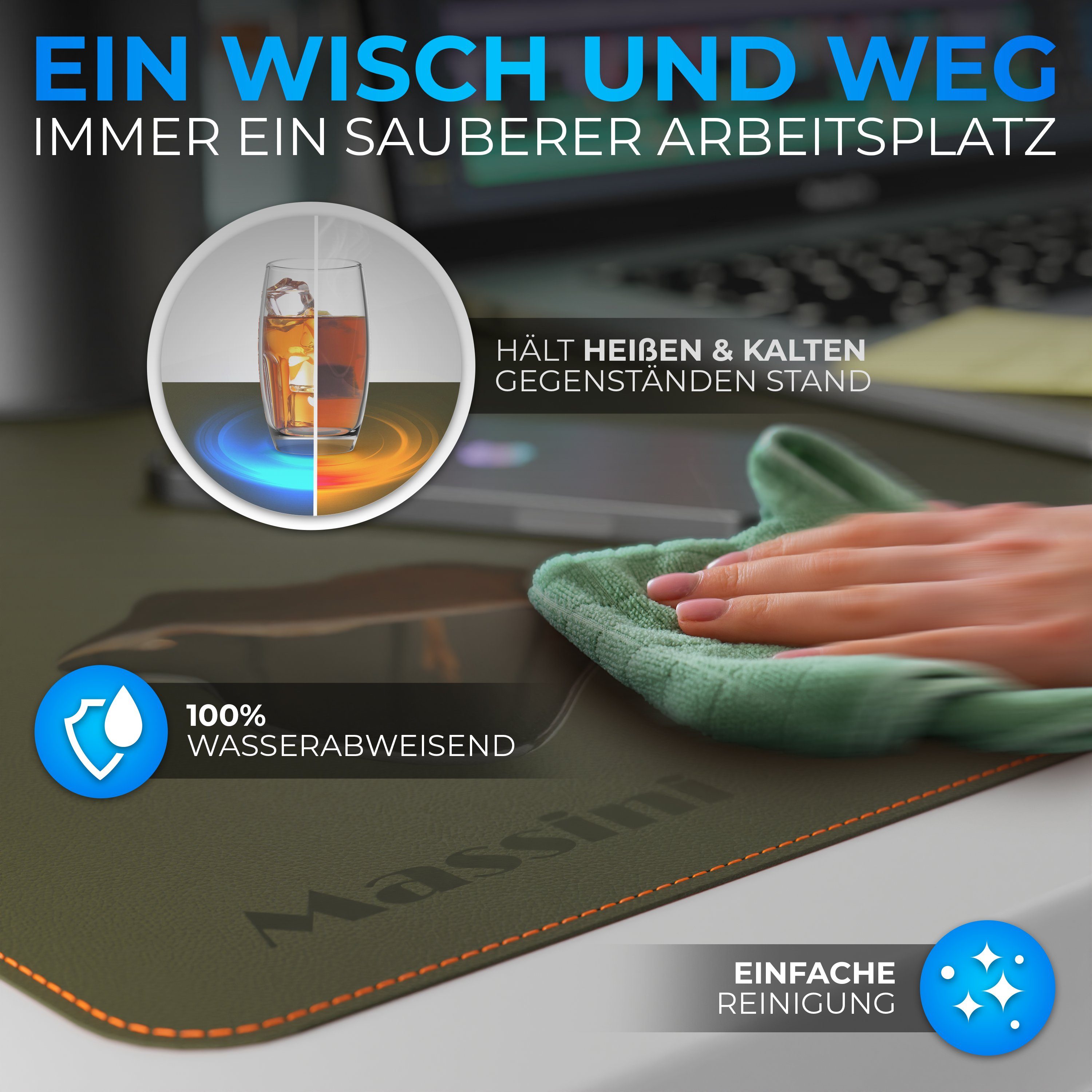 Massini Schreibtischunterlage Edles Mauspad Lederoptik Design XXL vernähte Kanten, doppelseitig