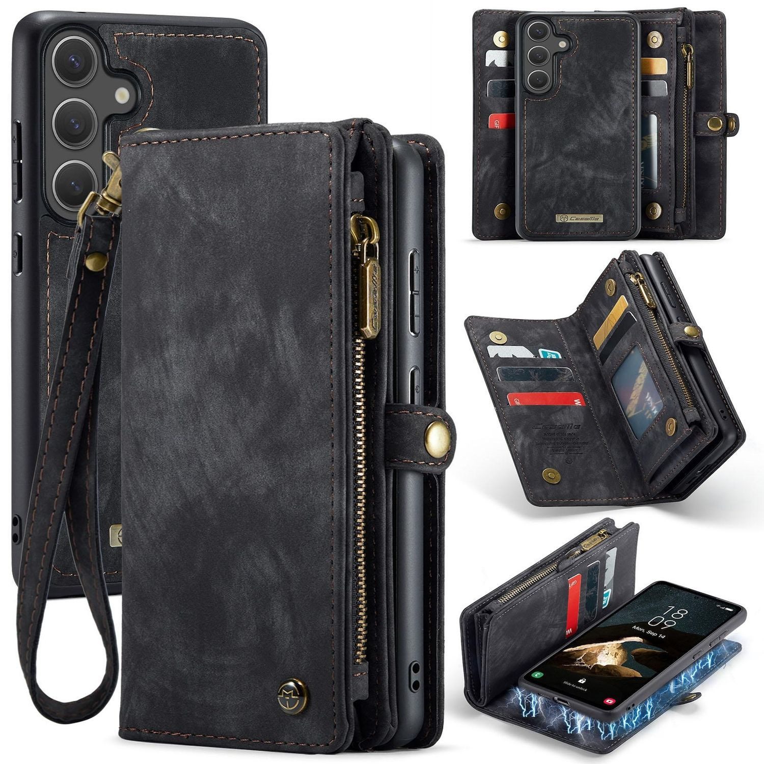 CaseMe Handyhülle Für Samsung Galaxy S25 Kunstleder Multifunktion Tasche Hülle Schwarz, Kunst-Leder Schutz Tasche Smart Case Multifunktion