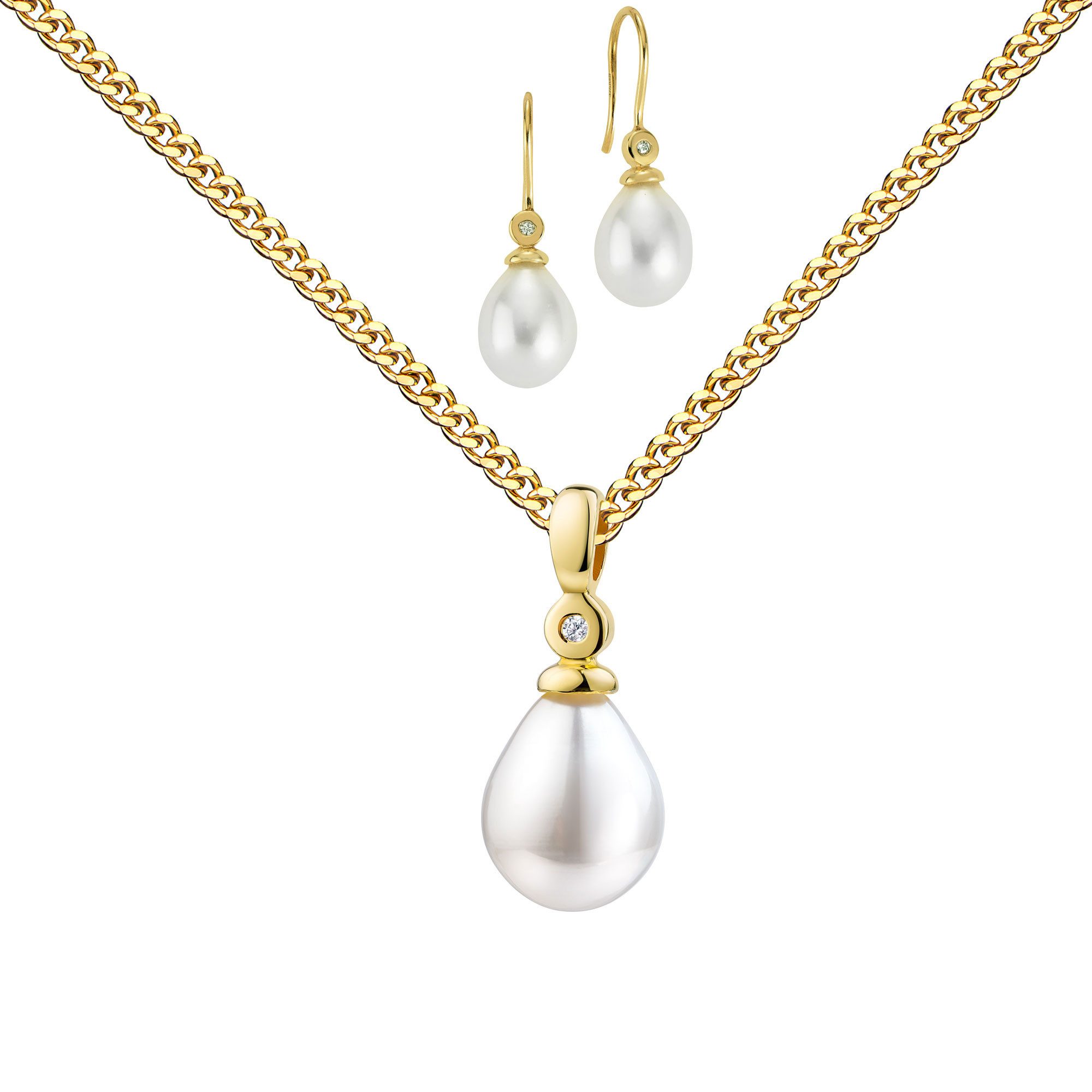 JEVELION Schmuckset Perlen-Anhänger + 2 Ohrhänger 333 Gold + Diamanten im Brillantschliff (Goldanhänger + Gold-Ohrschmuck, für Damen und Mädchen), Mit Kette vergoldet- Länge wählbar 36 - 70 cm oder ohne Kette.