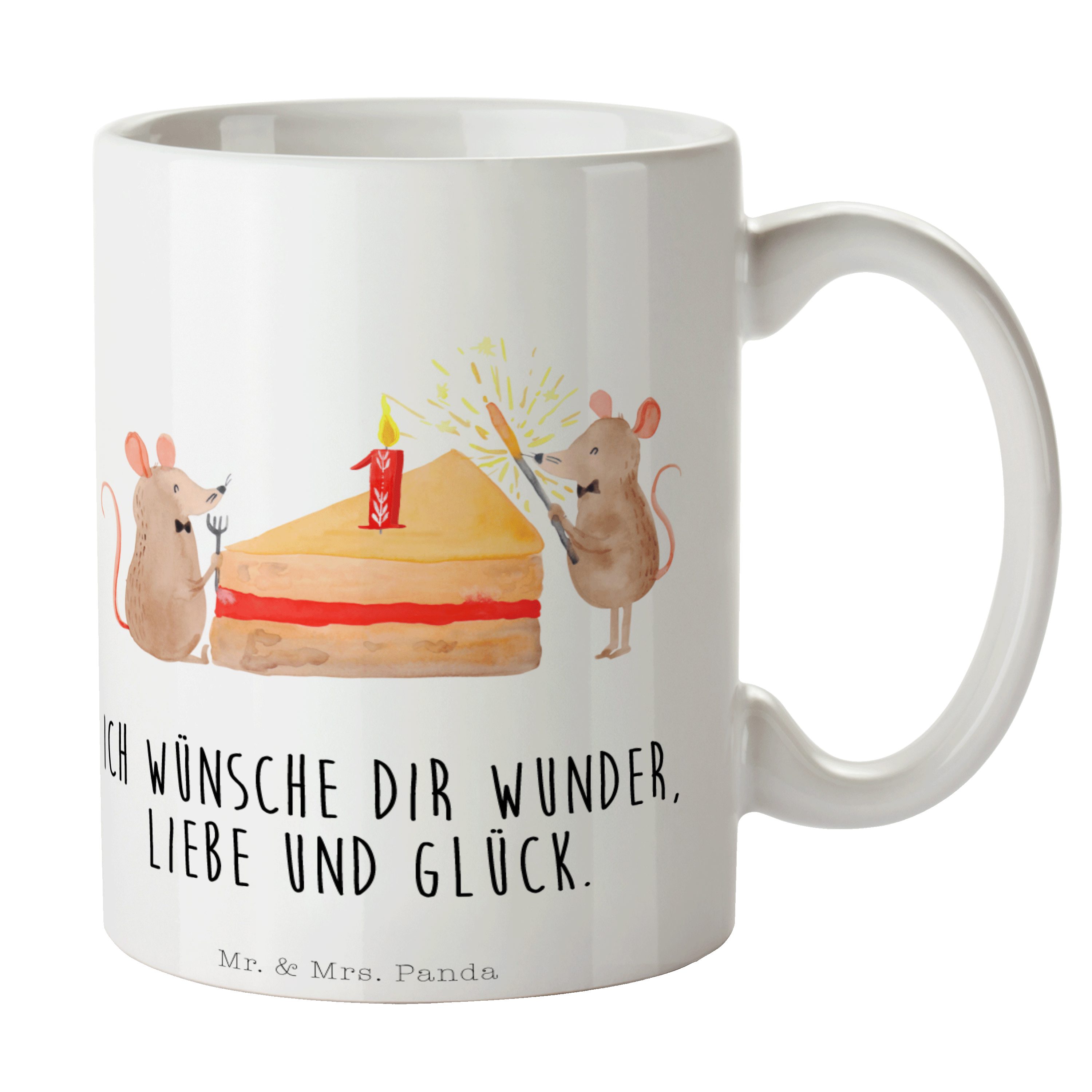Mr. & Mrs. Panda Tasse 1. Geburtstag Mäuse Kuchen - Weiß - Geschenk, hungrig, Geburtstagsges, Keramik
