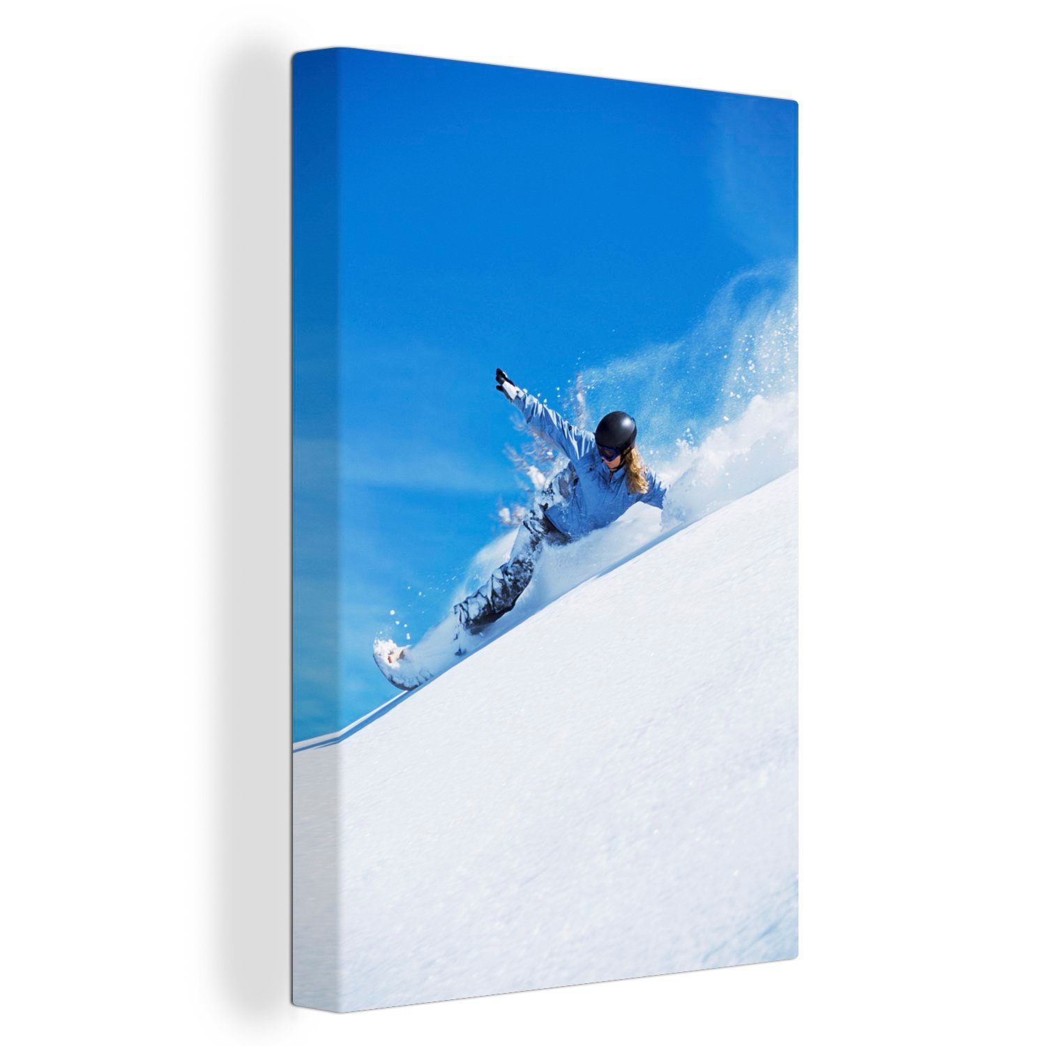Leinwandbild in Ein 20x30 Berg Snowboarder St), Zackenaufhänger, inkl. Leinwandbild die cm fertig Tiefe, Gemälde, bespannt stürzt (1 einem von OneMillionCanvasses®
