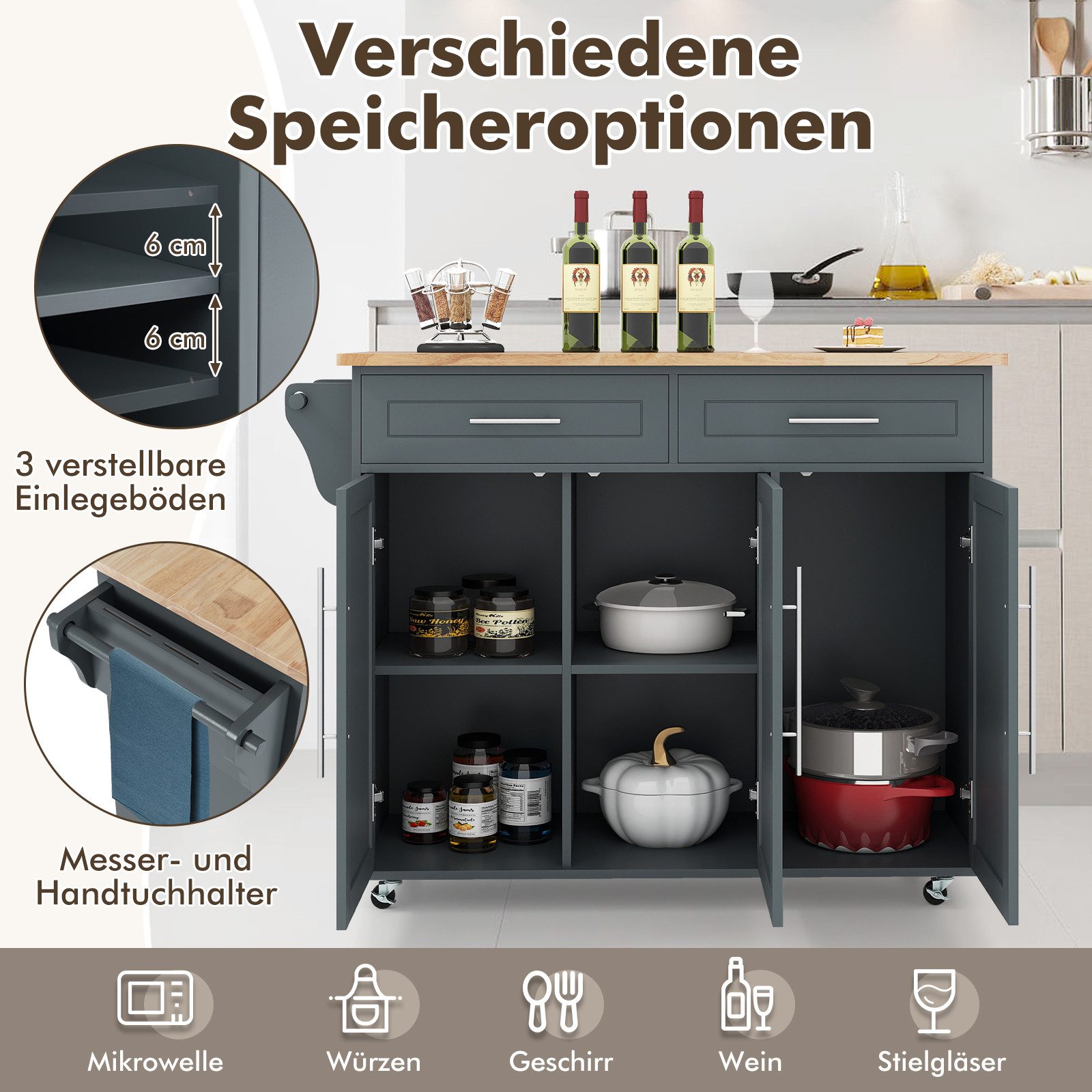 COSTWAY Küchenwagen, mit Arbeitsplatte, Schubladen & verstellbaren Regalen günstig online kaufen