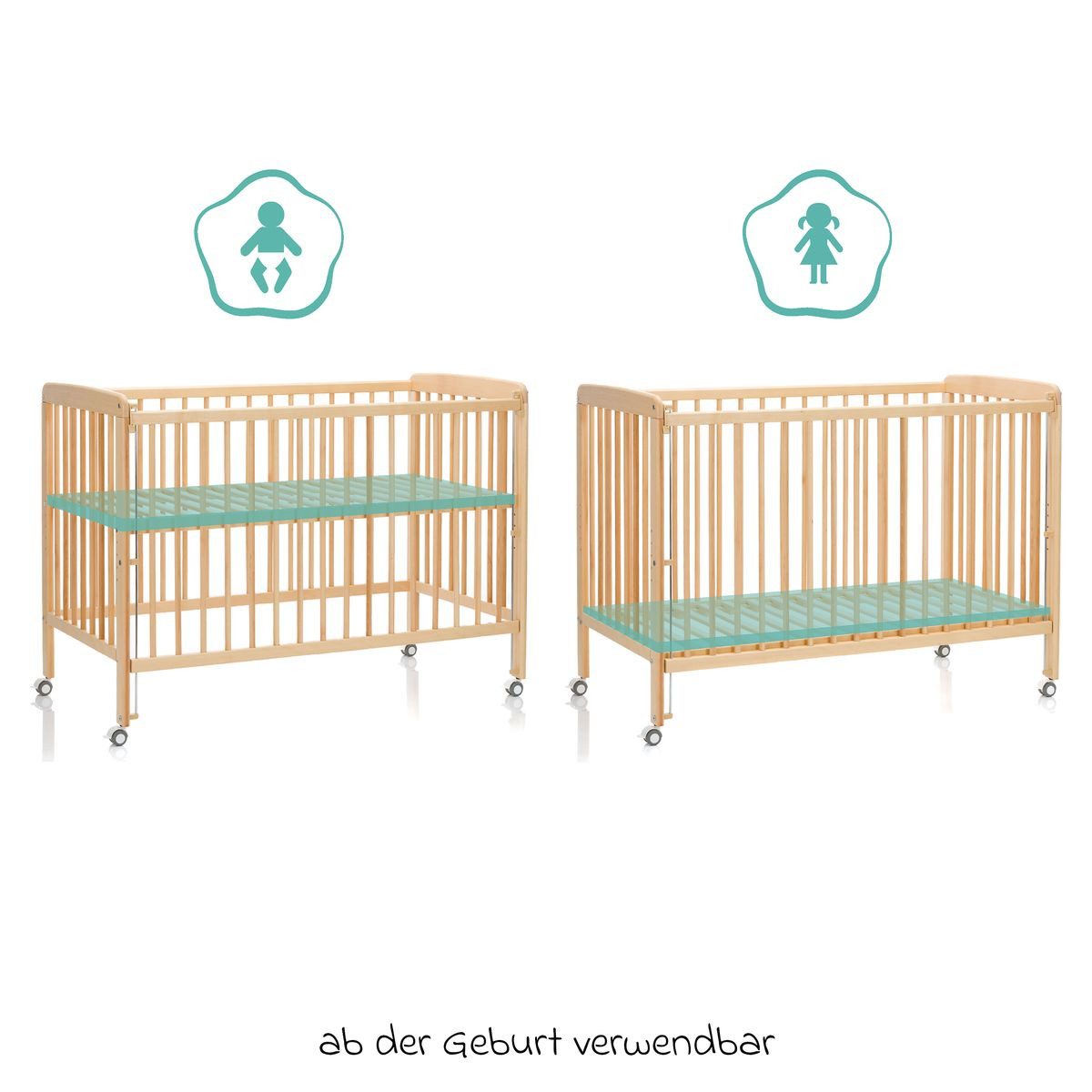 Fillikid Beistellbett Nena 60 x 120 cm - Natur, Beistellgitterbett Baby Bett Stubenwagen höhenverstellbar mit 4 Rollen