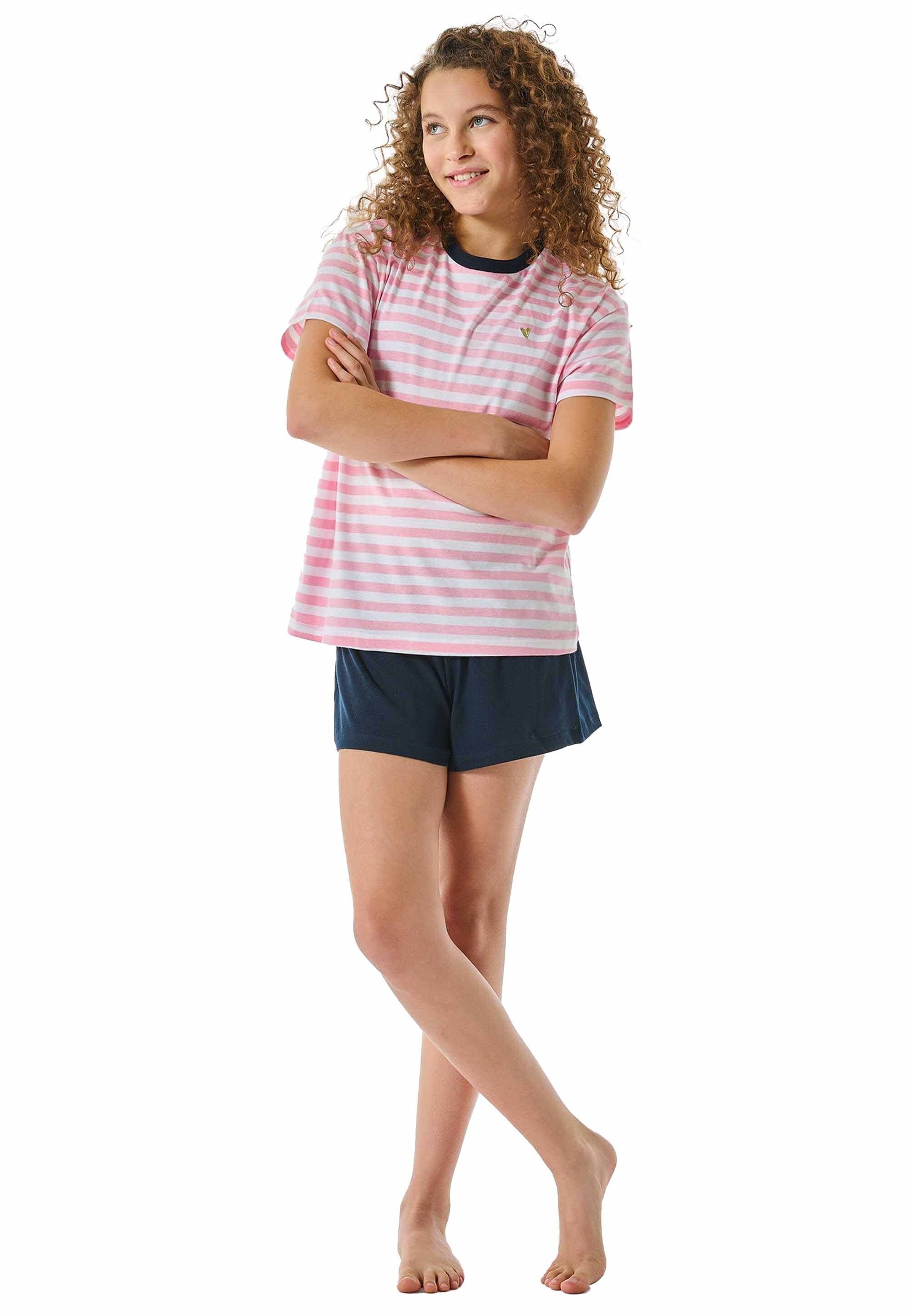 kurz, Schiesser Mädchen Rosa/Weiß/Dunkelblau - Teens Pyjama Schlafanzug Set