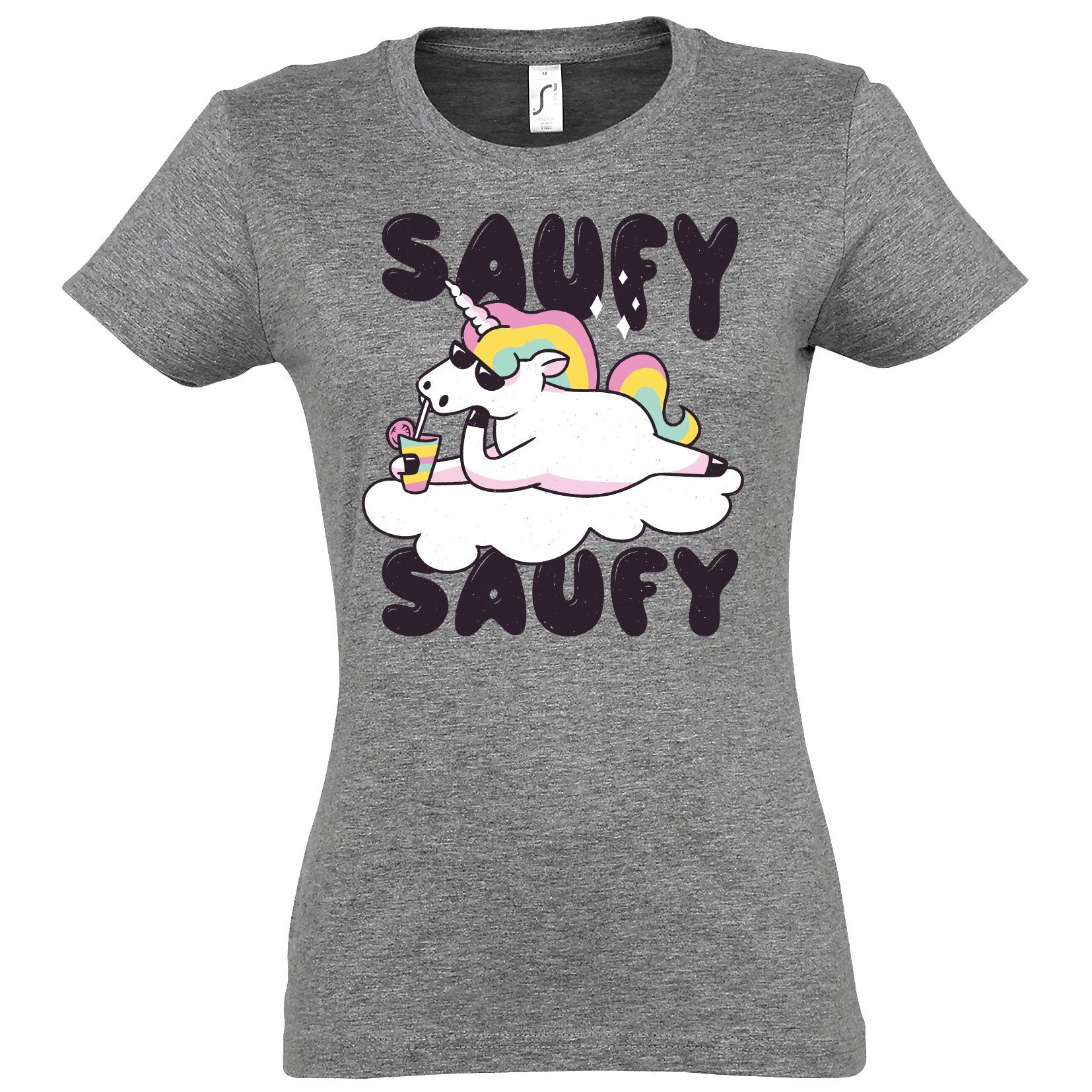 Print-Shirt SAUFY T-Shirt SAUFY Spruch mit lustigem Unicorn Einhorn Aufdruck Fun-Look und Damen Designz Youth Grau