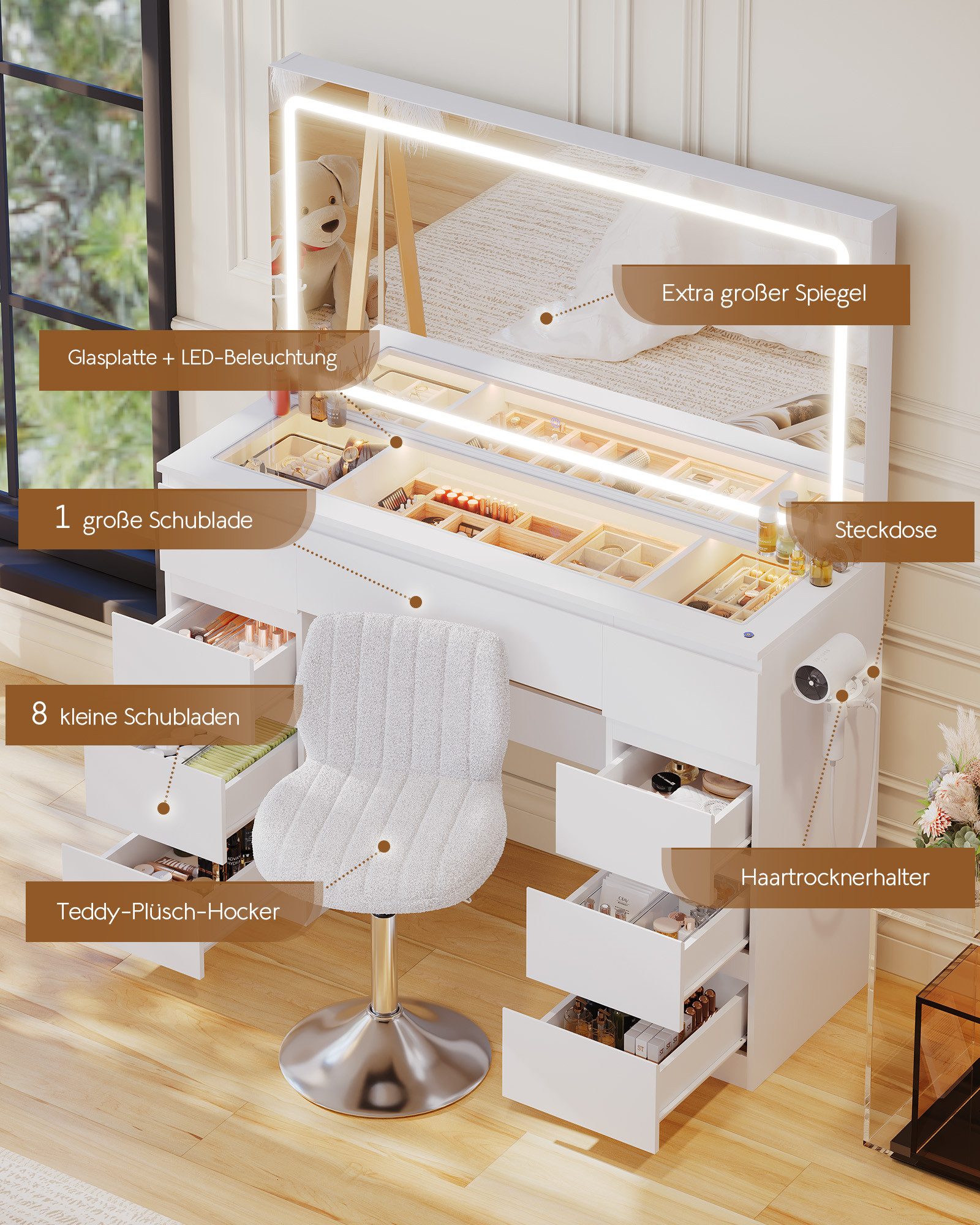 HOMALL Schminktisch Extra großer LED-Schminkspiegel mit Frisiertisch und Stuhl im Set (Kinderschminktisch 115 × 40 × 139 cm, 7 Schubladen, mit integrierter Stec – Bild 4 von 5