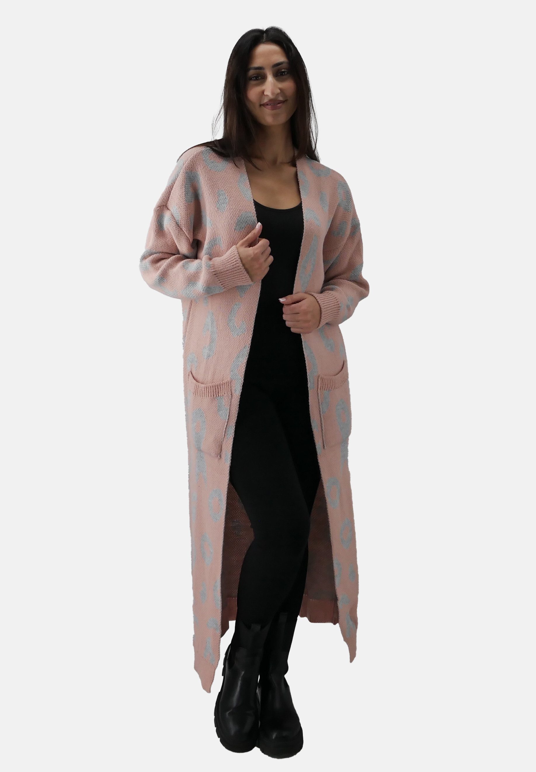 Elara Cardigan — Damen Long Strickjacke One Size mit Animal-Muster und Taschen