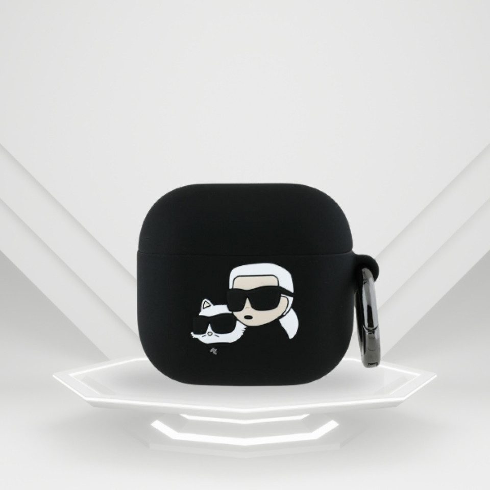 KARL LAGERFELD Kopfhörer-Schutzhülle Case AirPods 4 Silikon schwarz Logo Katze Kopf 3D, Kantenschutz
