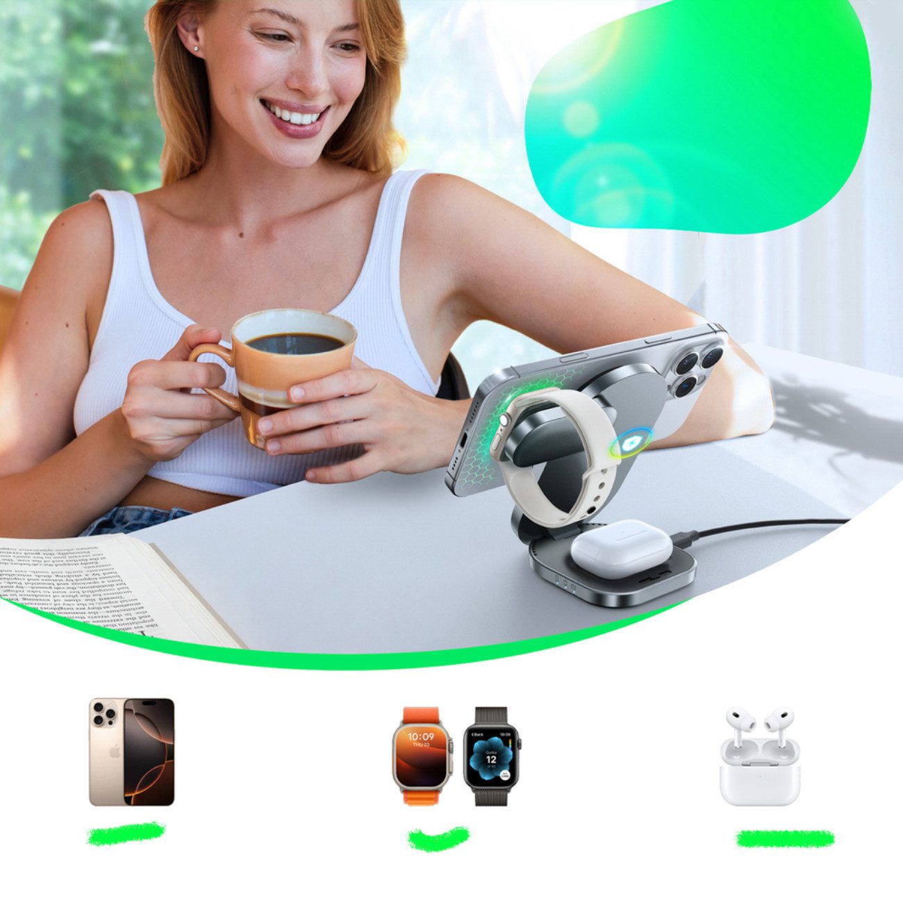 JOYROOM JR-W17 Wireless Charger (Einzelgerät, Einzelgerät, 3-in-1 Qi2 Ladegerät mit MagSafe, 15 W Schnellladen)