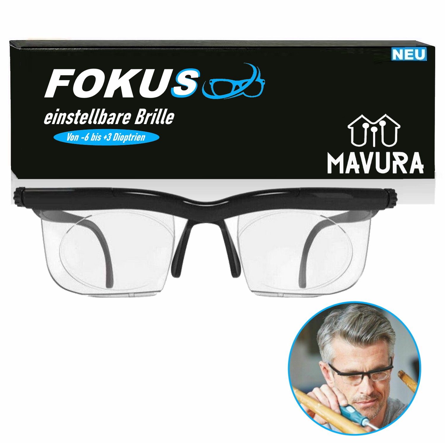 MAVURA Brille FOKUS individuell einstellbare Brille 6 bis +3 Dioptrien, Verstellbare Lesebrille