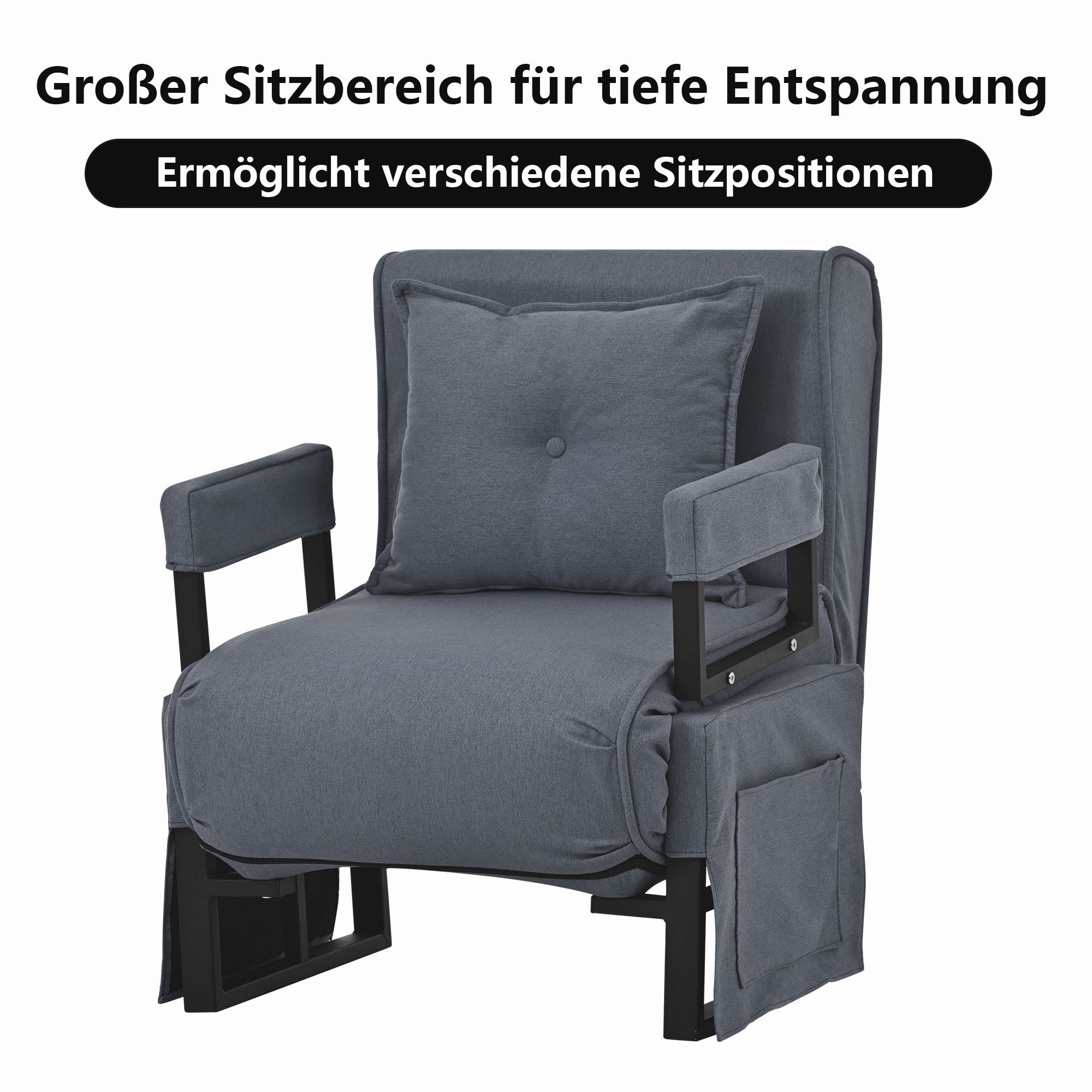 Sessel lang), Kissen, mit Liegestuhl (1-St., klappbarer Schlafsessel Sofasessel 180CM 3-in-1-Indoor-Liegen, zwei Seitentaschen Mit BlingBin