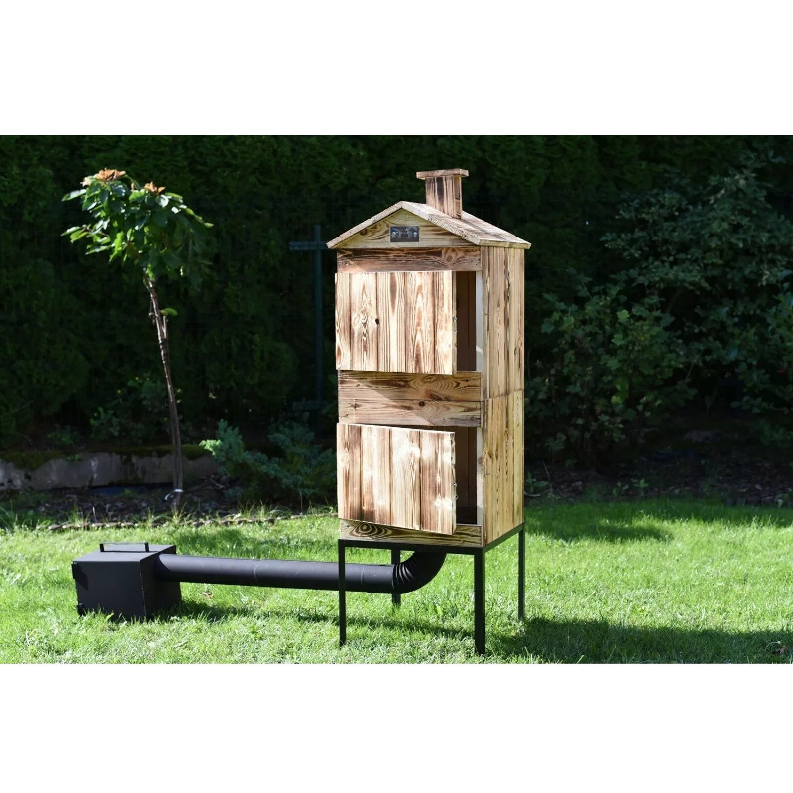 QLS Räucherofen aus Holz 120x50x50 cm, Räucherkammer Räucherschrank Zwei Kammer Garten
