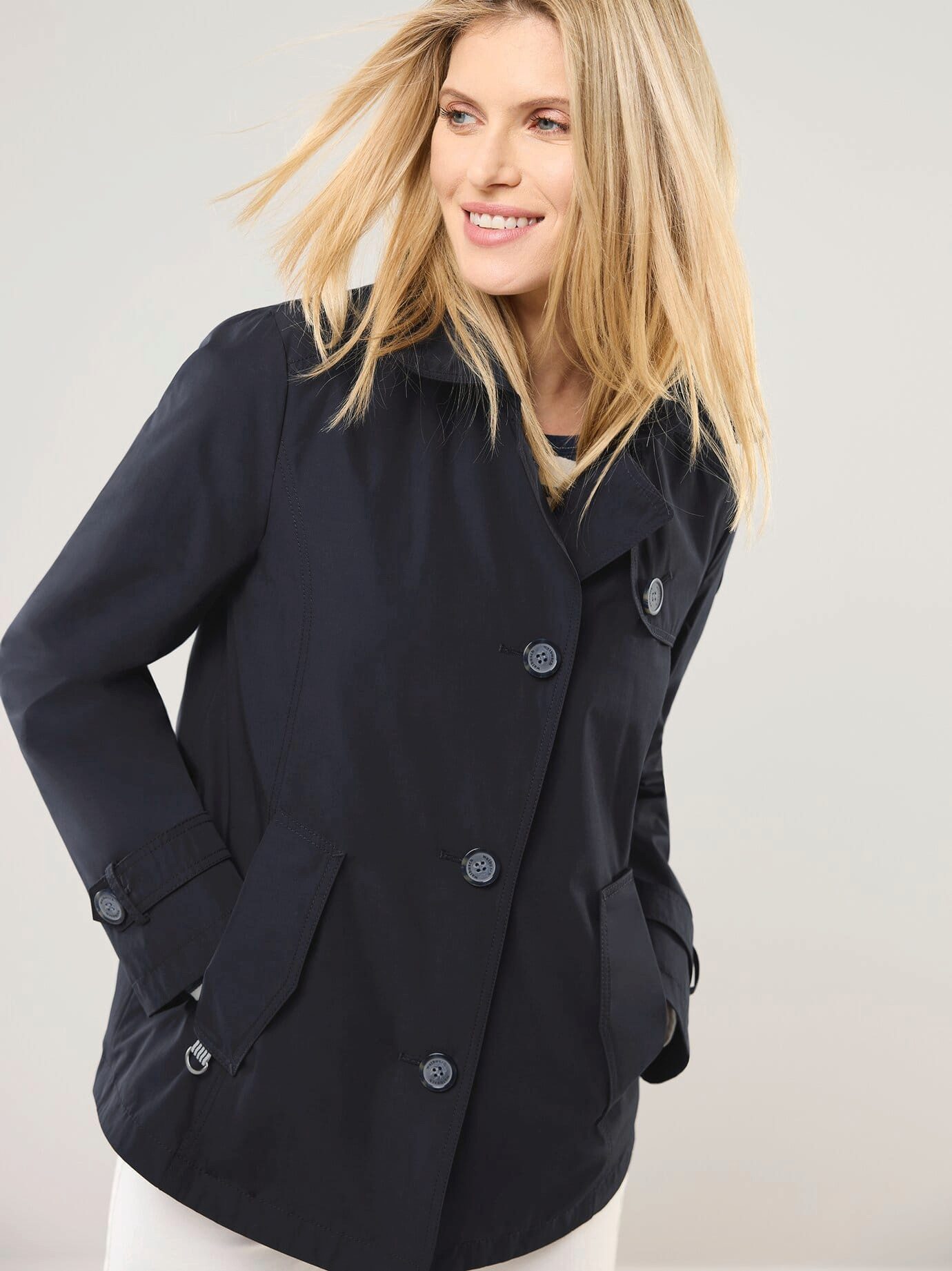 Walbusch Trenchcoat Damen Trenchjacke wasserabweisend knitterarm Baumwollmix, Umlegekragen, modern, atmungsaktiv