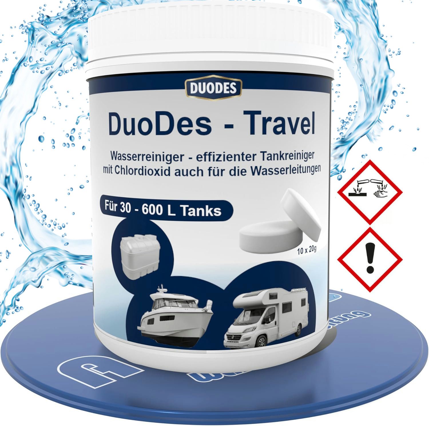 Aquintos Wasseraufbereitung Wassertank Tankreinigung - gegen Biofilm, Bakterien & Algen - für 30-600 L Tanks (DuoDes Travel, 1 St., Tablette für Camping, Caravan, Reisemobile und Wohnmobile), 10x20g - Zulaufschlauch & Tankdeckel werden ebenso gründlich gereinigt
