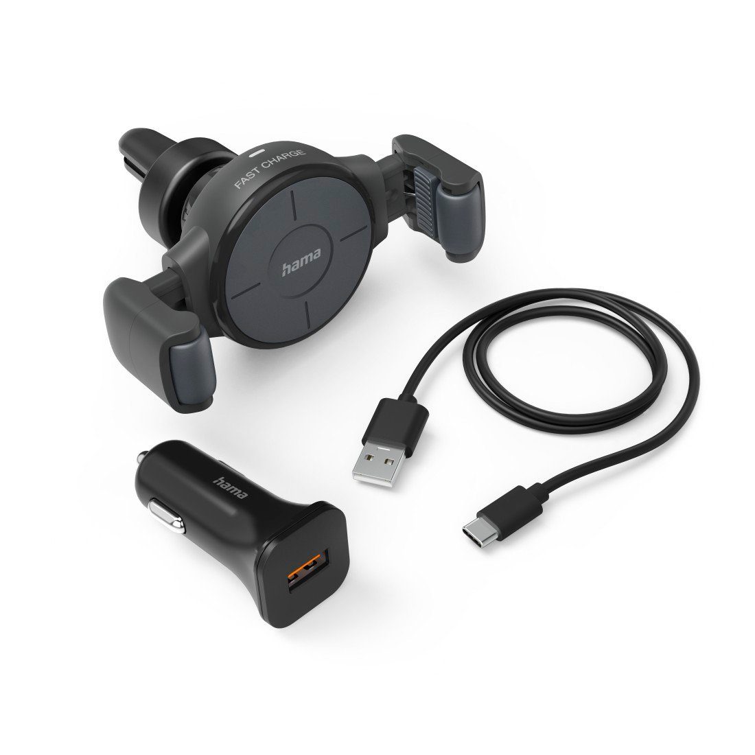 Kfz Handy Ladegerät Set mit Halterung, KFZ Adapter und Ladekabel, Grau Wireless Charger