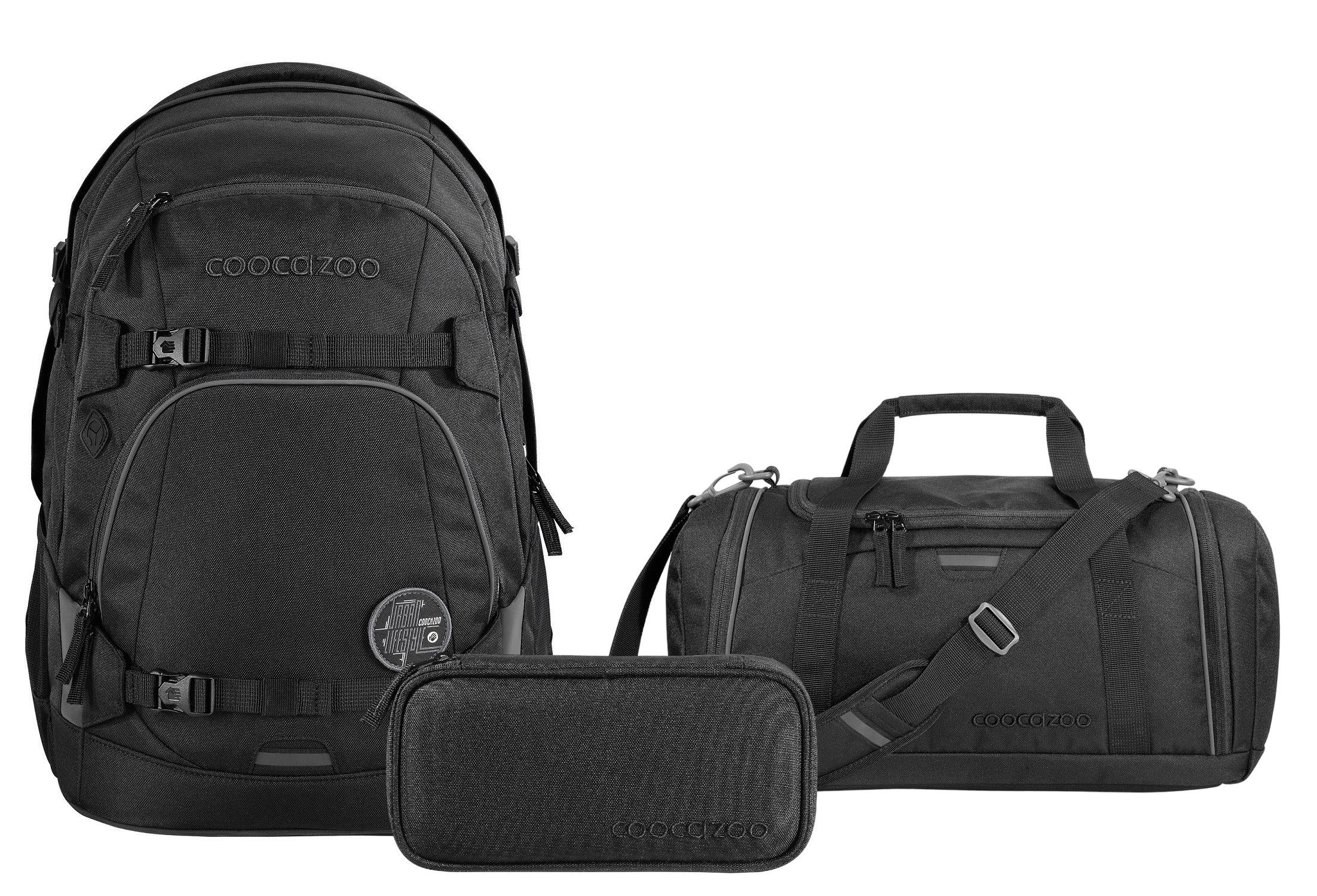 coocazoo Schulranzen Schulrucksack-Set MATE Black Coal 3-teilig (Rucksack, Mäppchen, Sporttasche), ergonomisch, reflektiert, Körpergröße: 135 - 180 cm