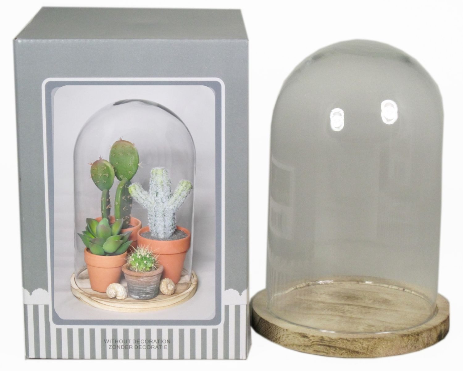 INNA-Glas Abdeckhaube Glasglocke SABIKA mit marmoriertem Holzboden, klar, 16 cm, Ø 12 cm