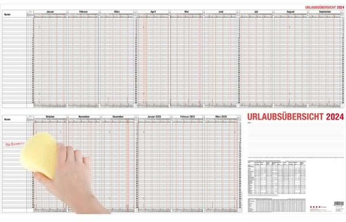 GÜSS Kalender Jahresplaner Urlaubsübersicht 100x60cm für 40 Mitarbeiter abwischbar 2026
