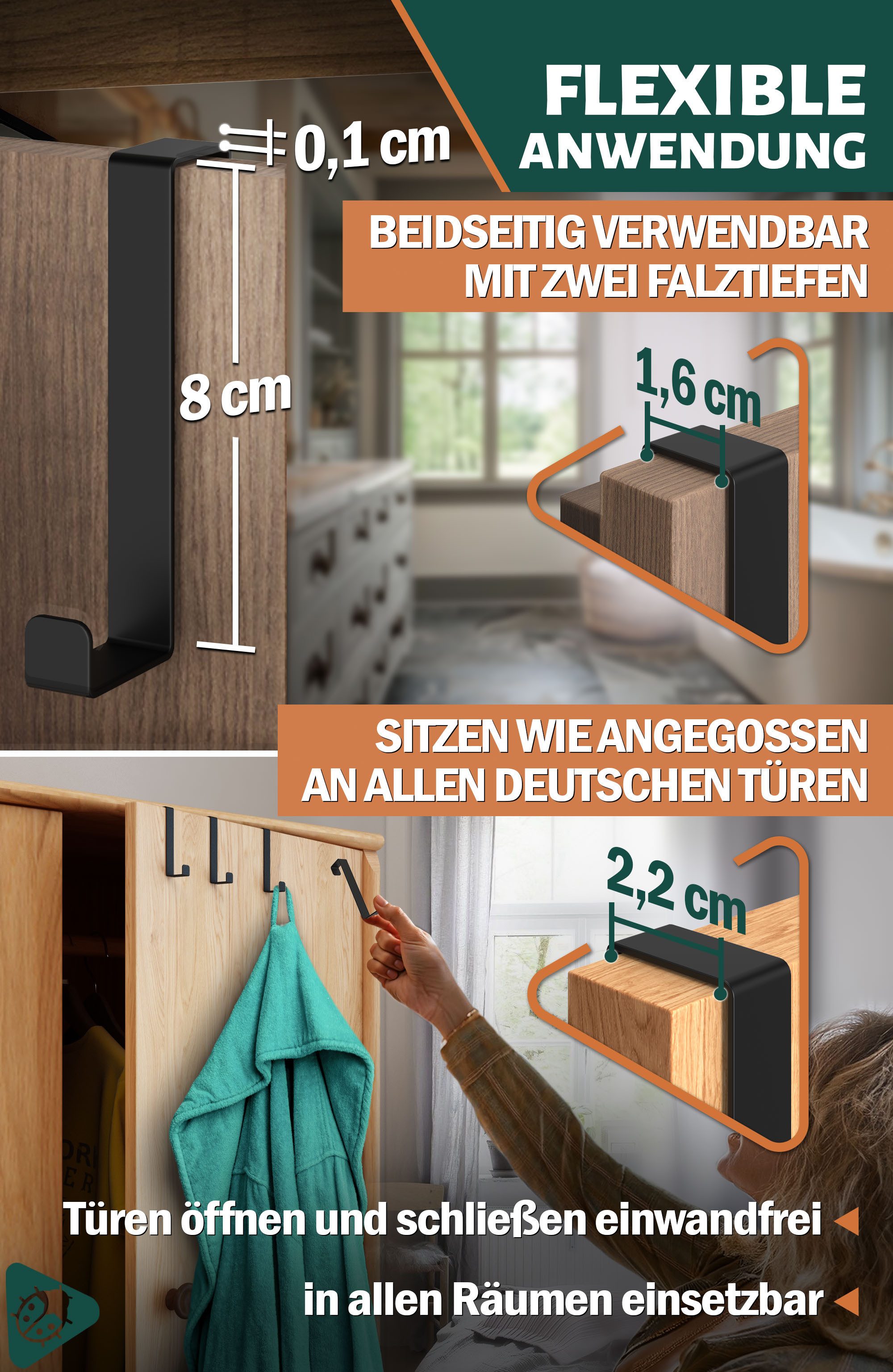 Lindenstein Türhaken Türhaken zum Einhängen 10er Set, Türen, (Packung, 10-St., 10), ohne Bohren,Stabil,langlebig,rostbeständig,verformungsresistent – Bild 4 von 5