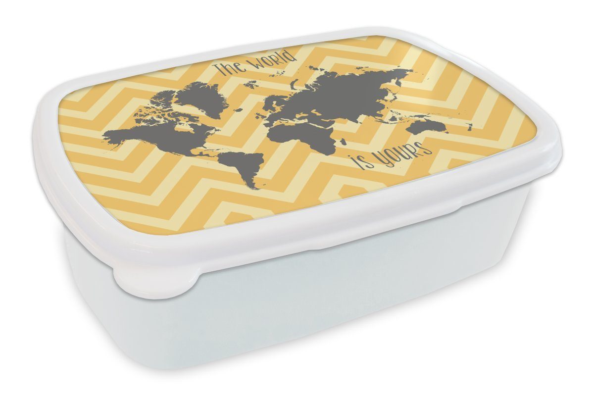 MuchoWow Lunchbox Weltkarte - Grau - Muster, Kunststoff, (2-tlg), Brotbox für Kinder und Erwachsene, Brotdose, für Jungs und Mädchen weiß