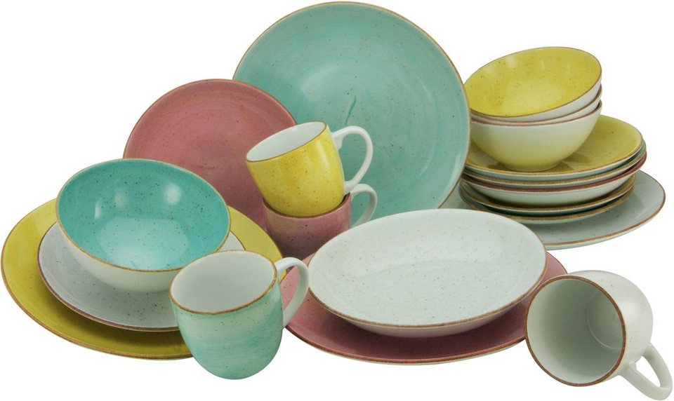 CreaTable Kombiservice Geschirr-Set VINTAGE NATURE SORBET (16-tlg), 4  Personen, Porzellan, Service, handgemalt, gesprenkelt, 16 Teile, für 4  Personen, In Pastellfarben mit Sprenkeln