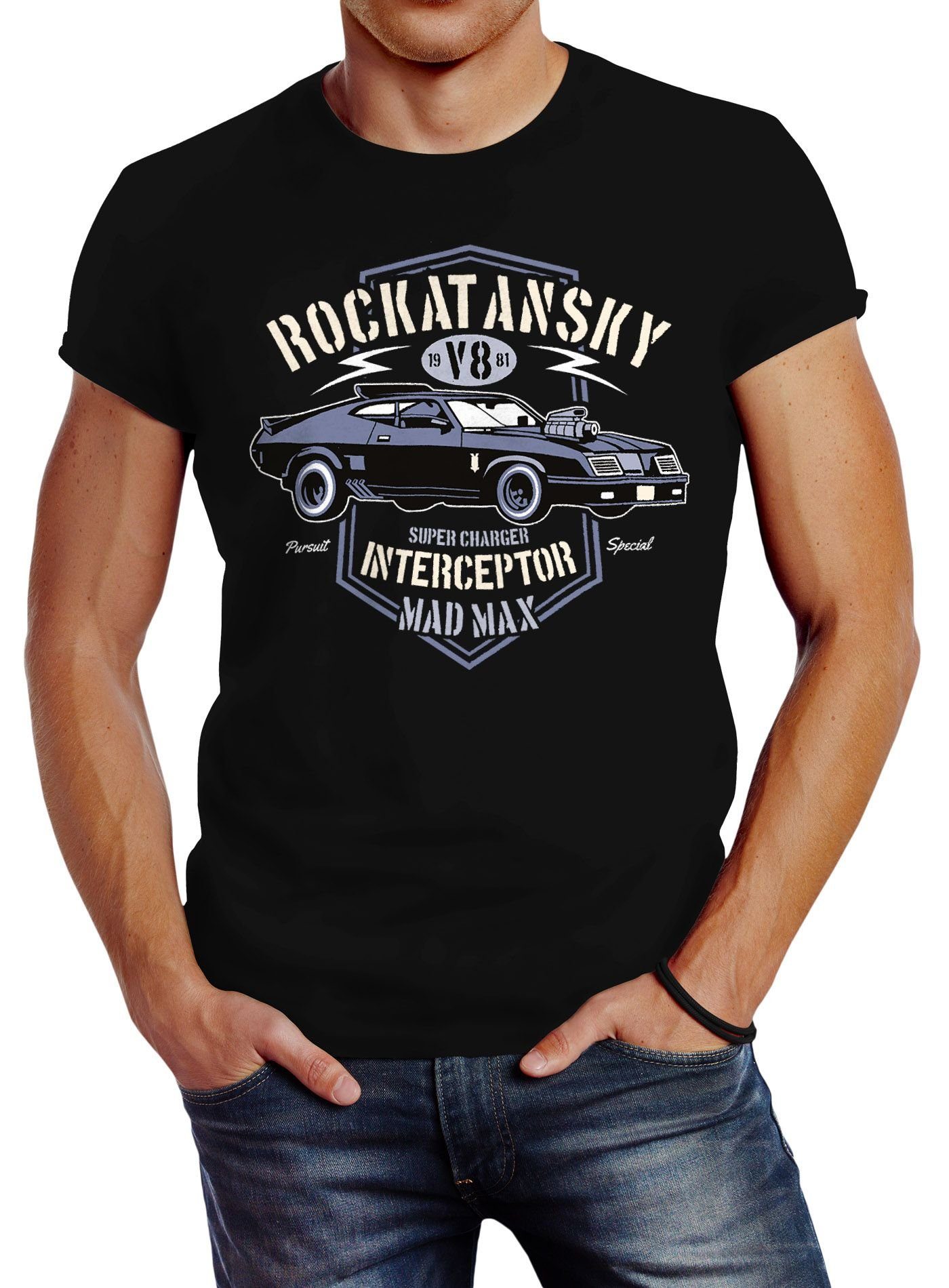 Neverless Print-Shirt Herren T-Shirt Rockatansky V8 Interceptor Car Slim Fit Neverless® mit Print schwarz